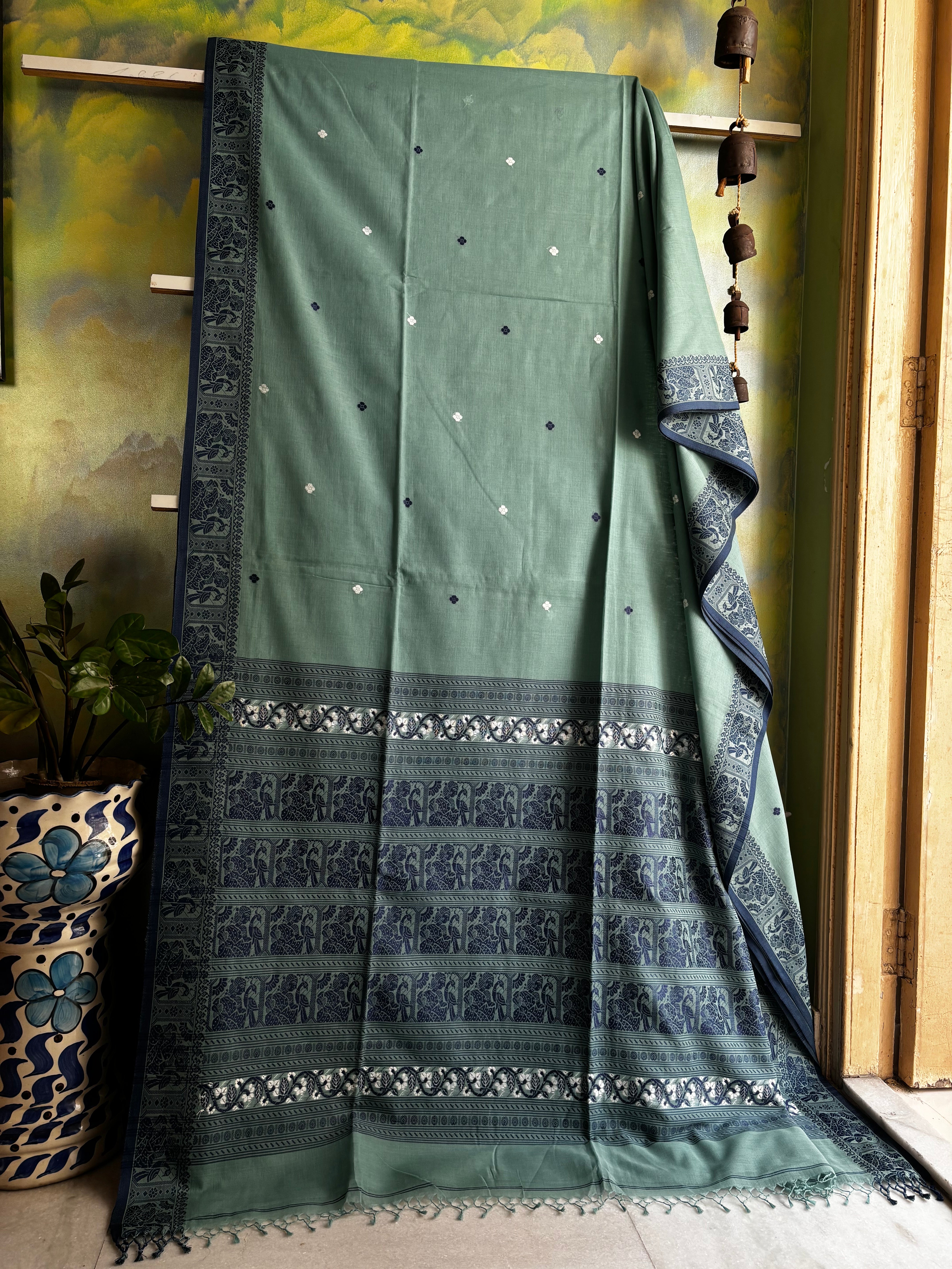 Handwoven Dusty Bluish Handwoven Cotton Baluchari Saree
