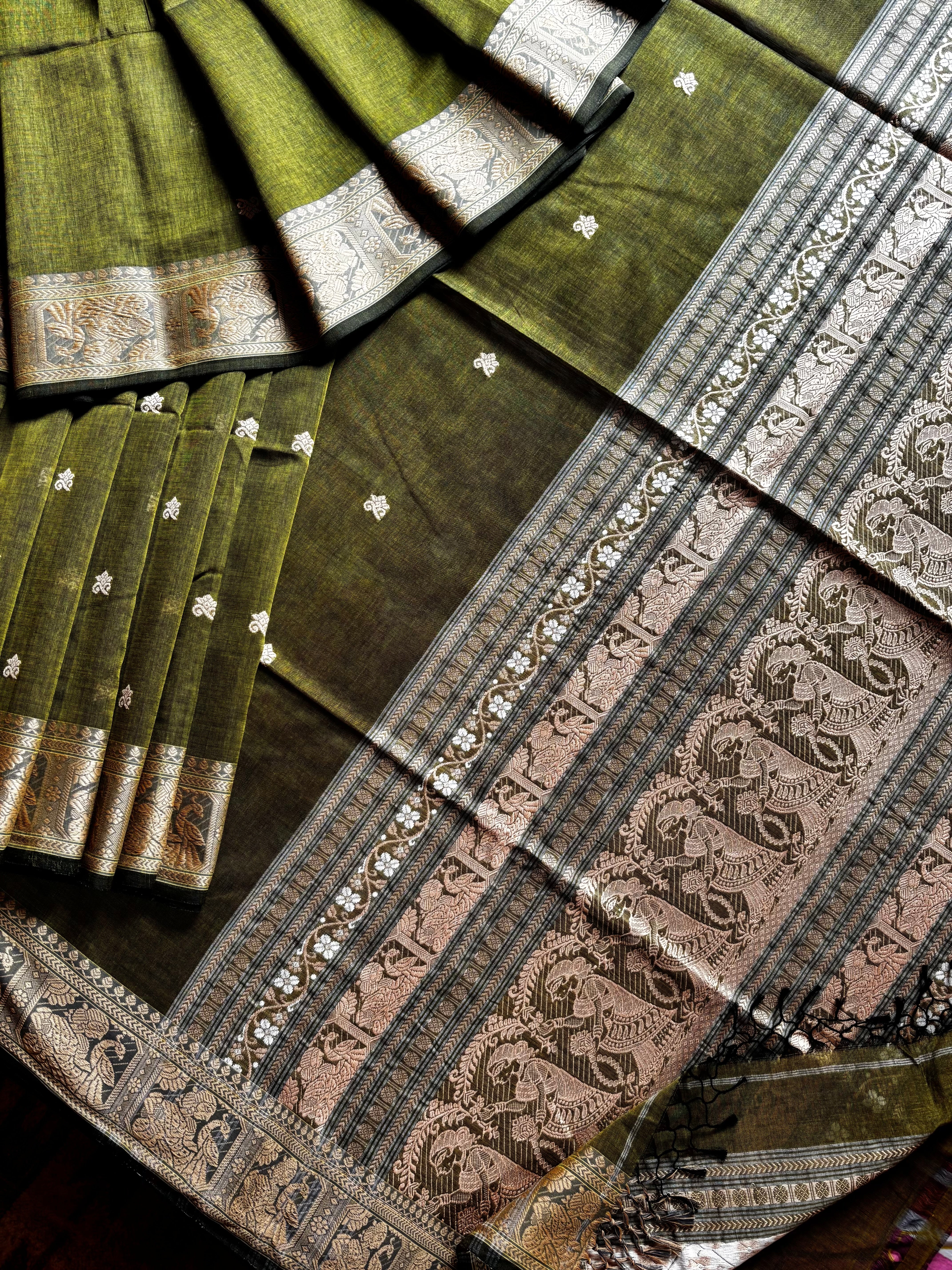 Handwoven Olive Green Baluchari Cotton Saree