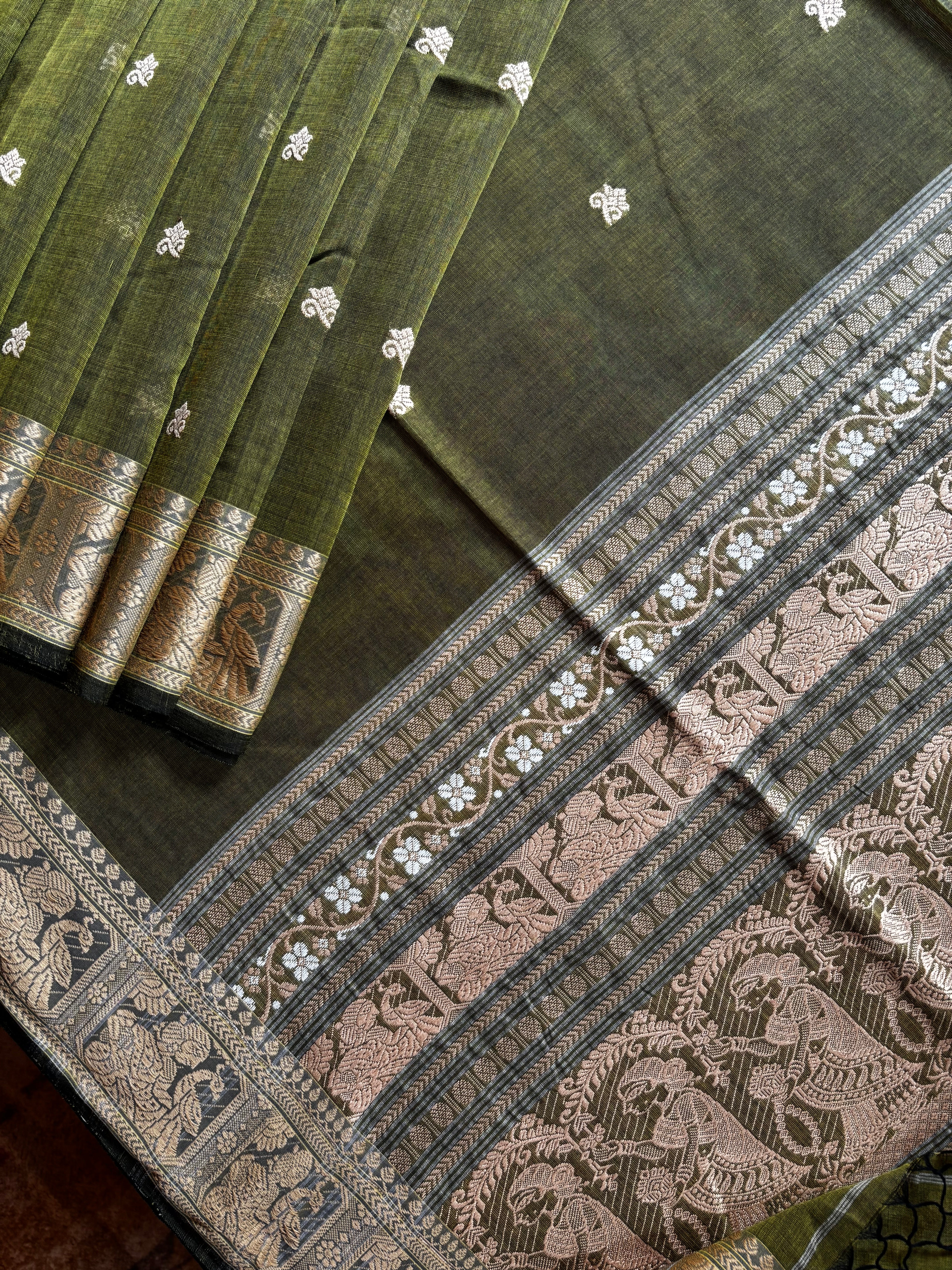 Handwoven Olive Green Baluchari Cotton Saree