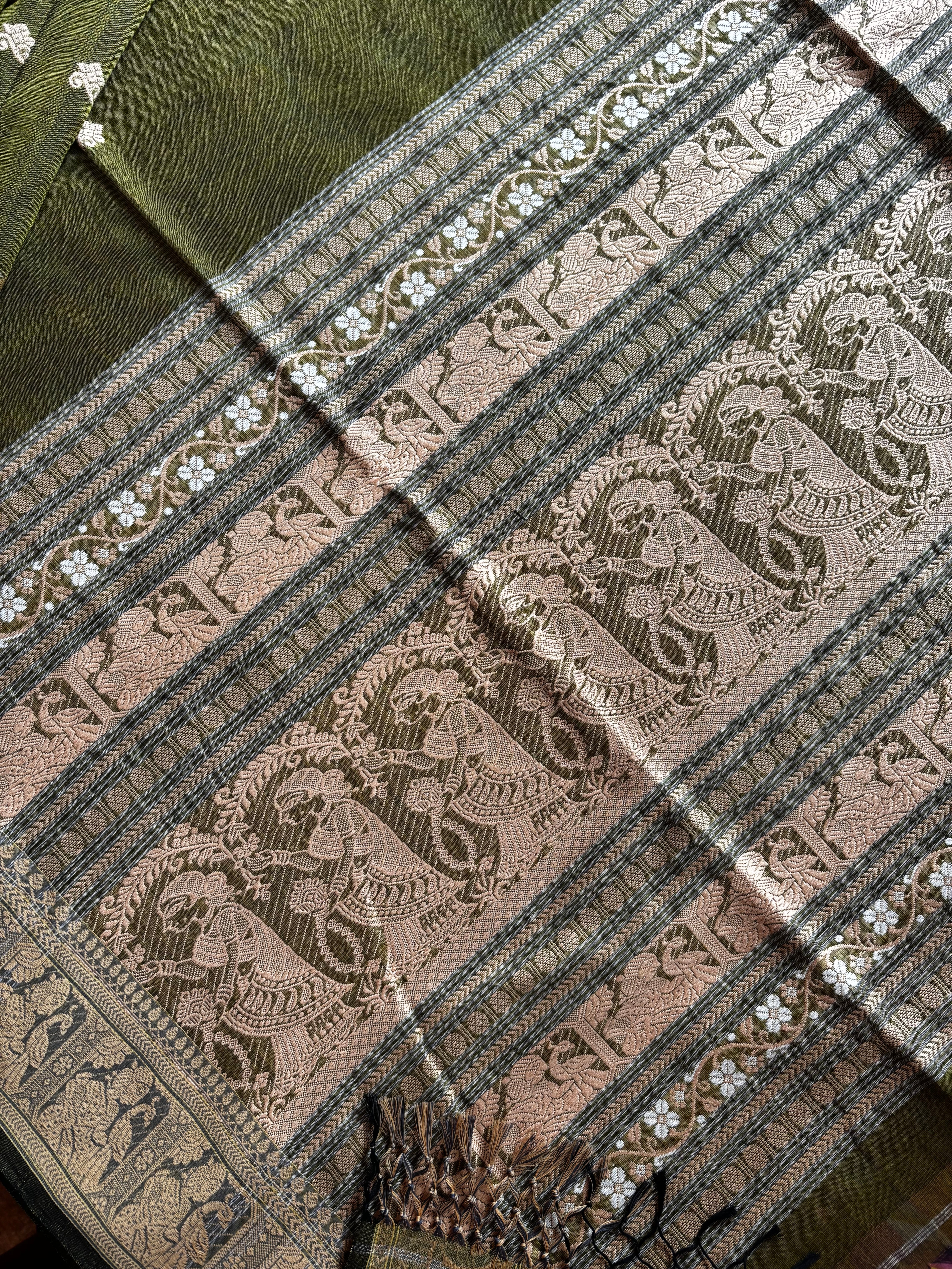 Handwoven Olive Green Baluchari Cotton Saree