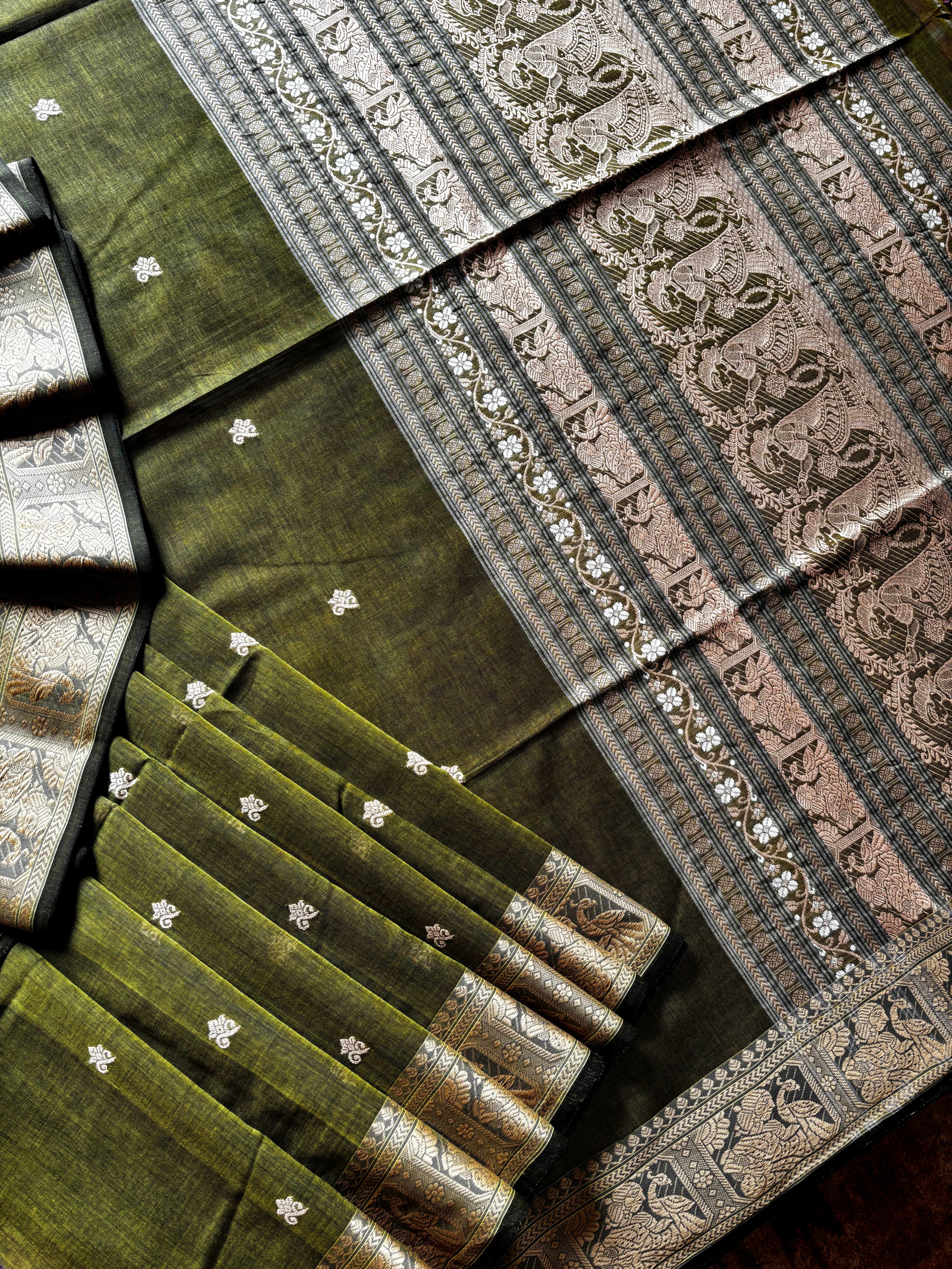 Handwoven Olive Green Baluchari Cotton Saree