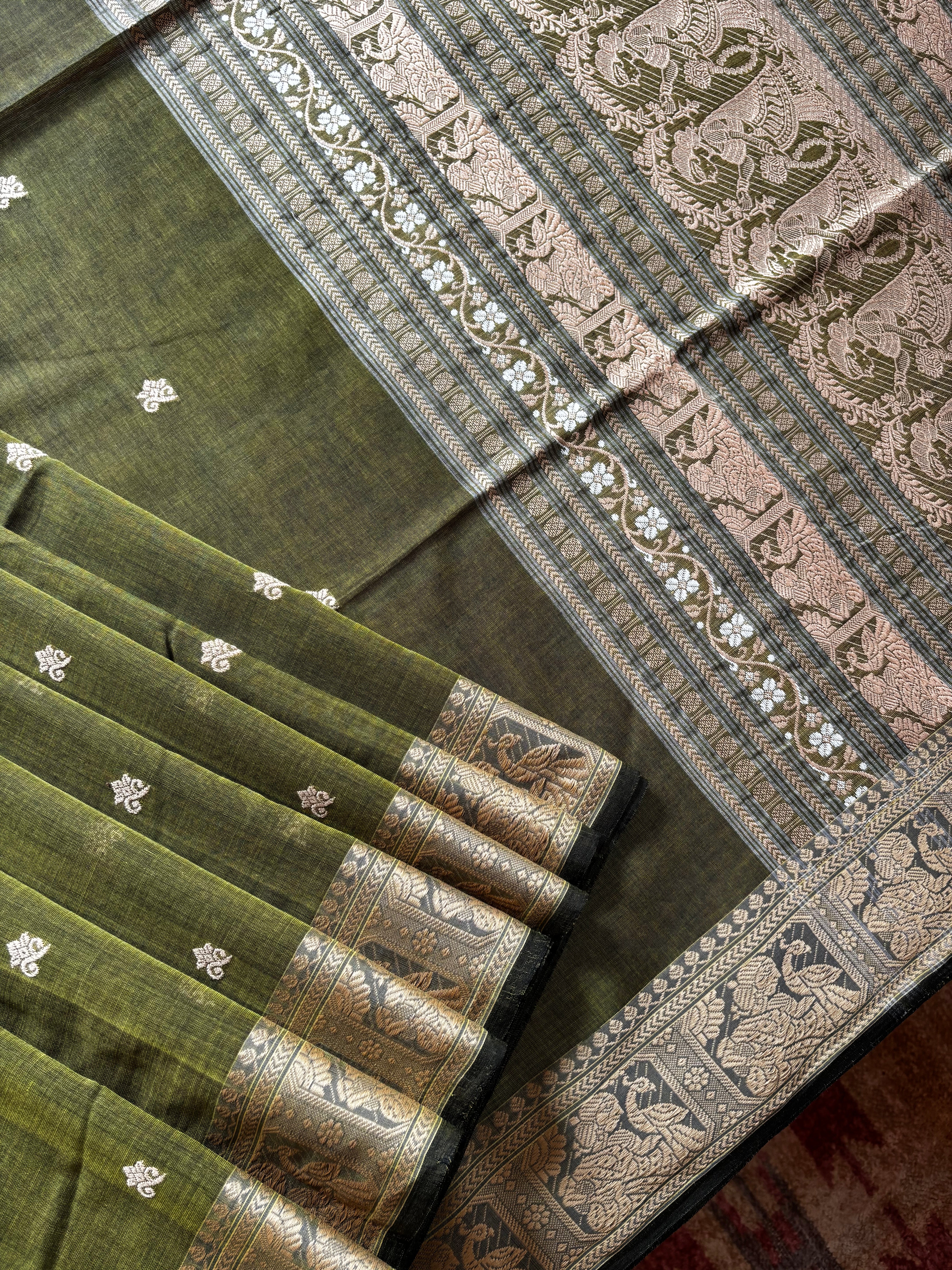 Handwoven Olive Green Baluchari Cotton Saree