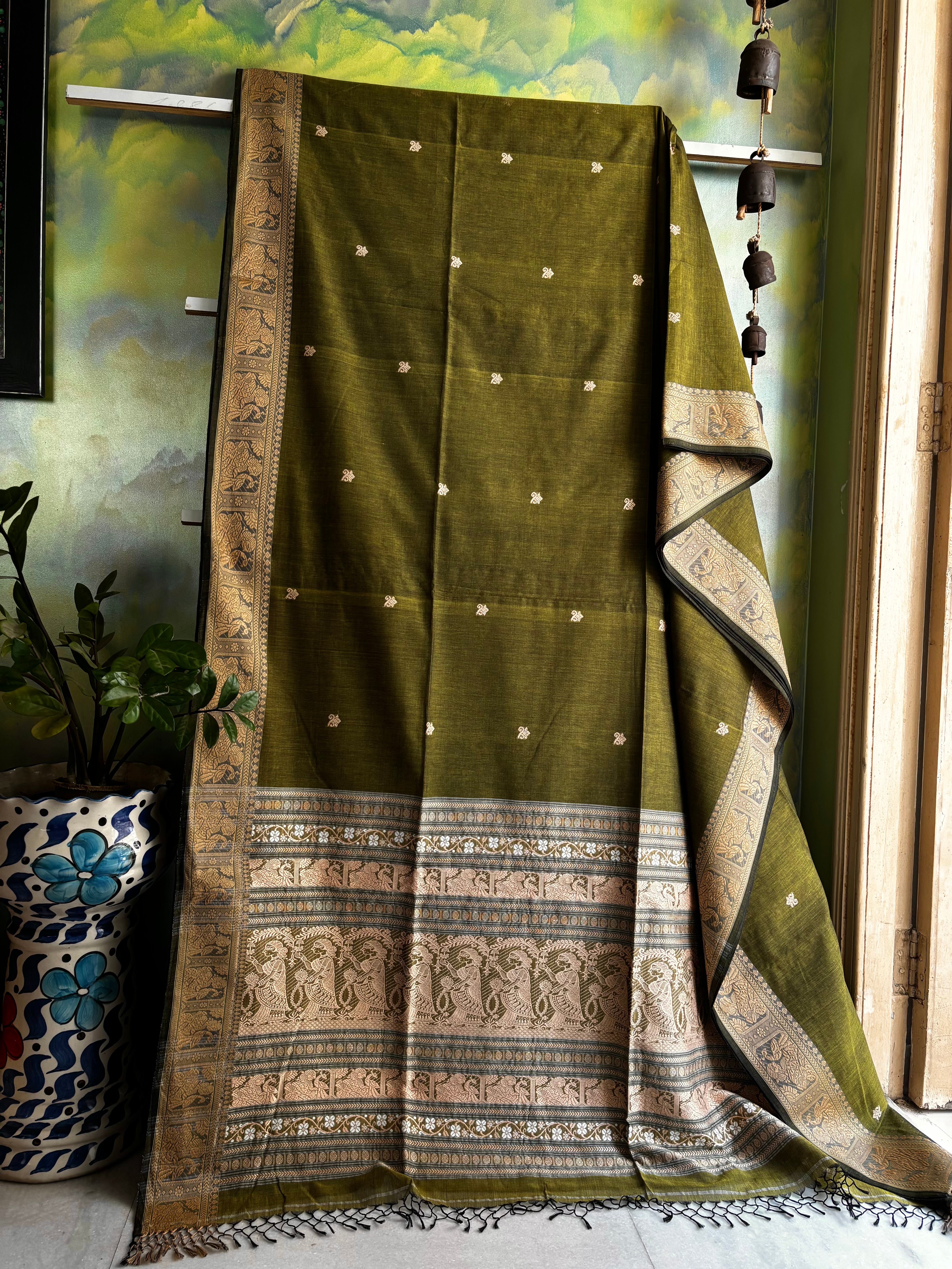 Handwoven Olive Green Baluchari Cotton Saree