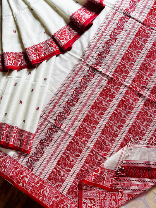 Handwoven White Red Cotton Baluchari Saree