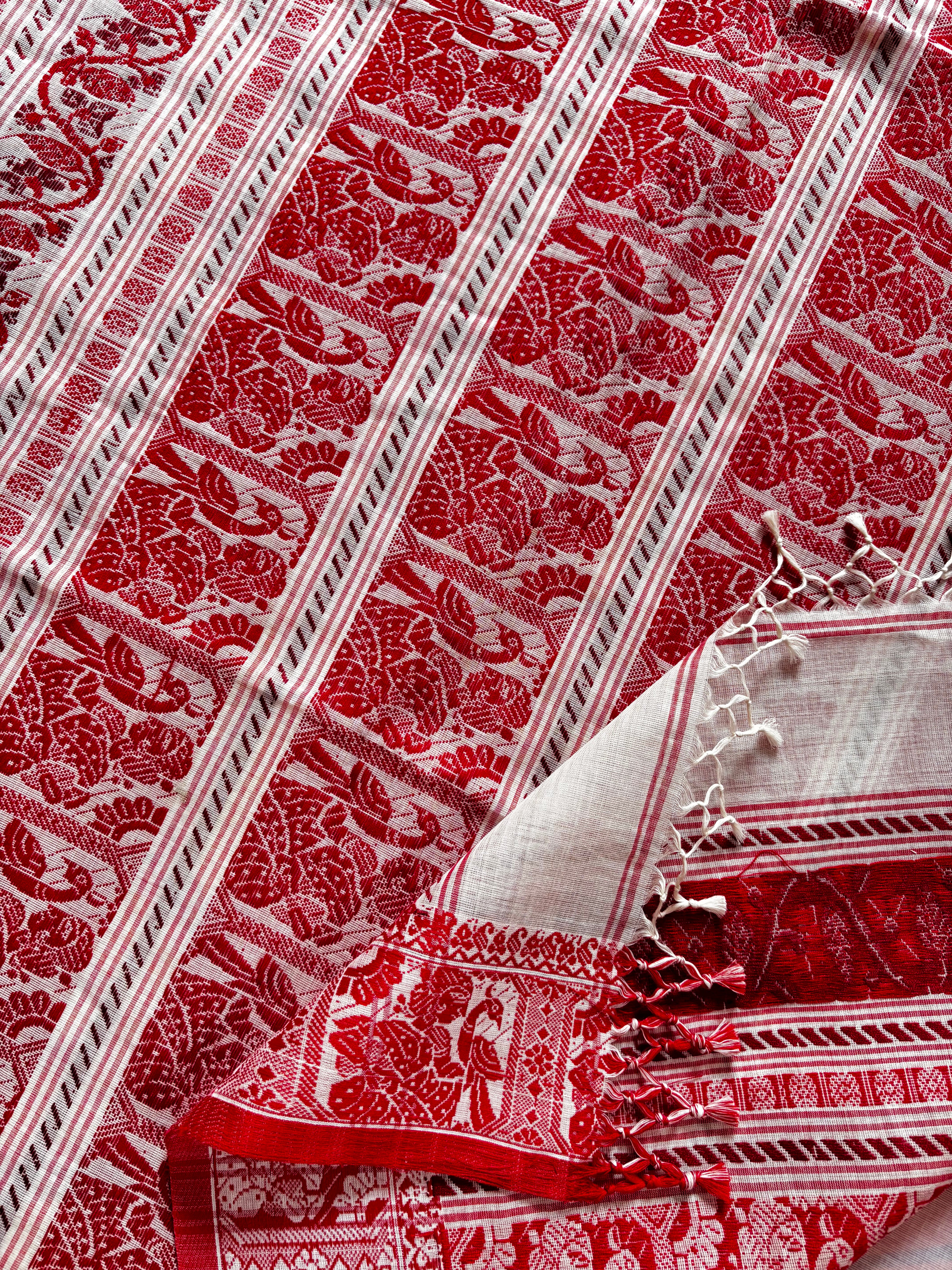 Handwoven White Red Cotton Baluchari Saree