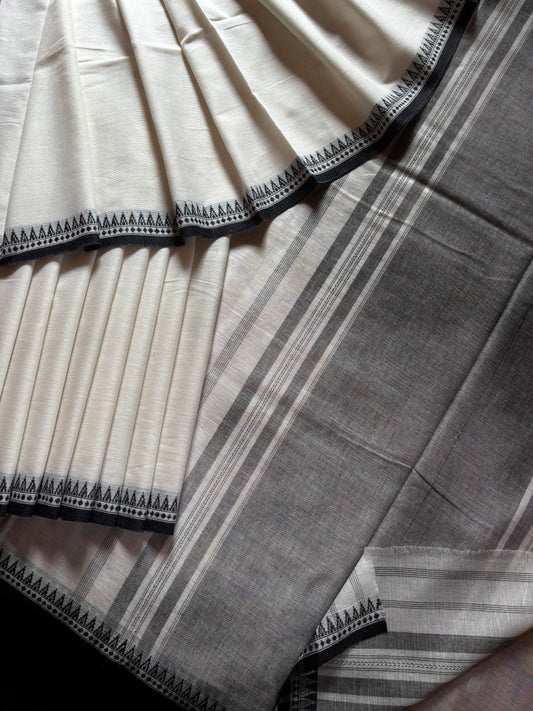 Handwoven White Black Pure Cotton Dhonekhali Saree