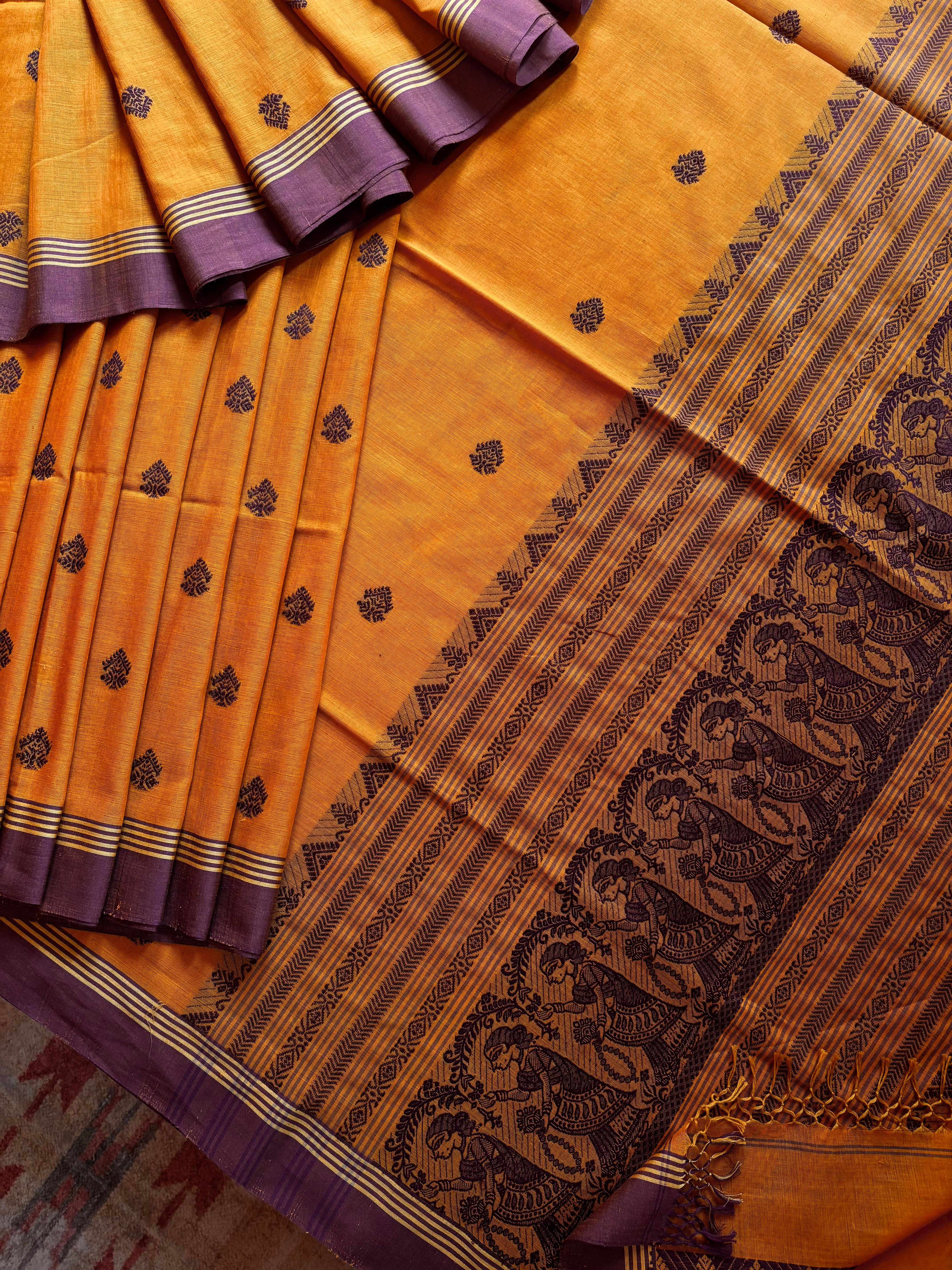 Handwoven Mustard Yellow Colour Cotton Baluchari Saree