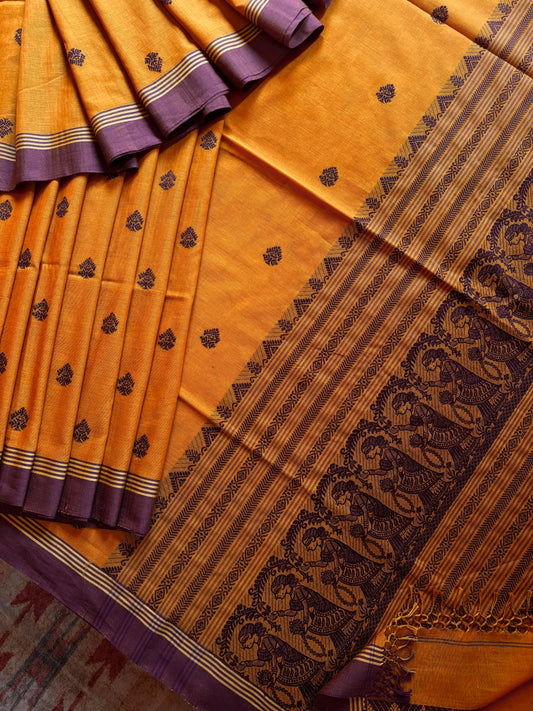 Handwoven Mustard Yellow Colour Cotton Baluchari Saree
