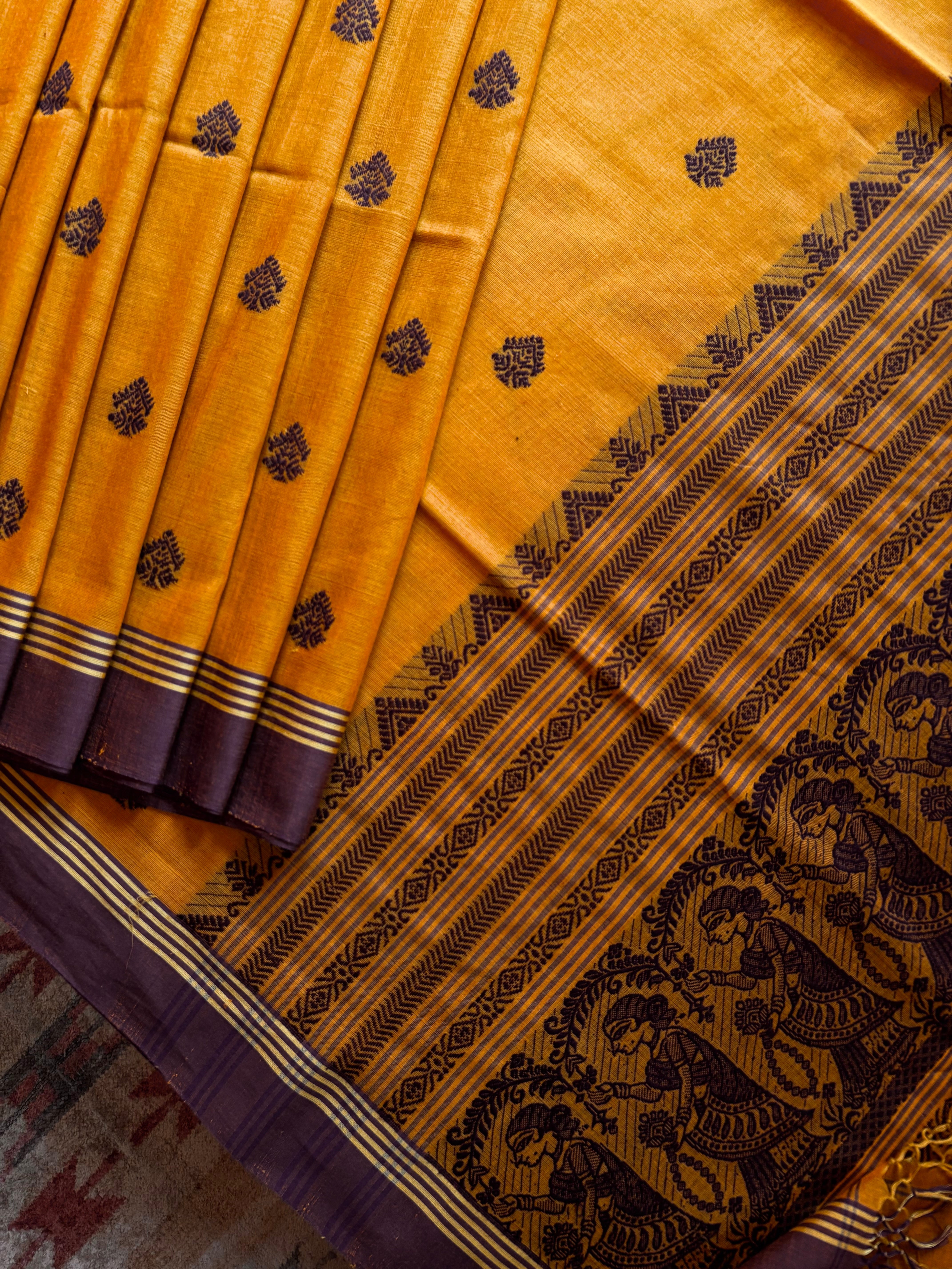 Handwoven Mustard Yellow Colour Cotton Baluchari Saree