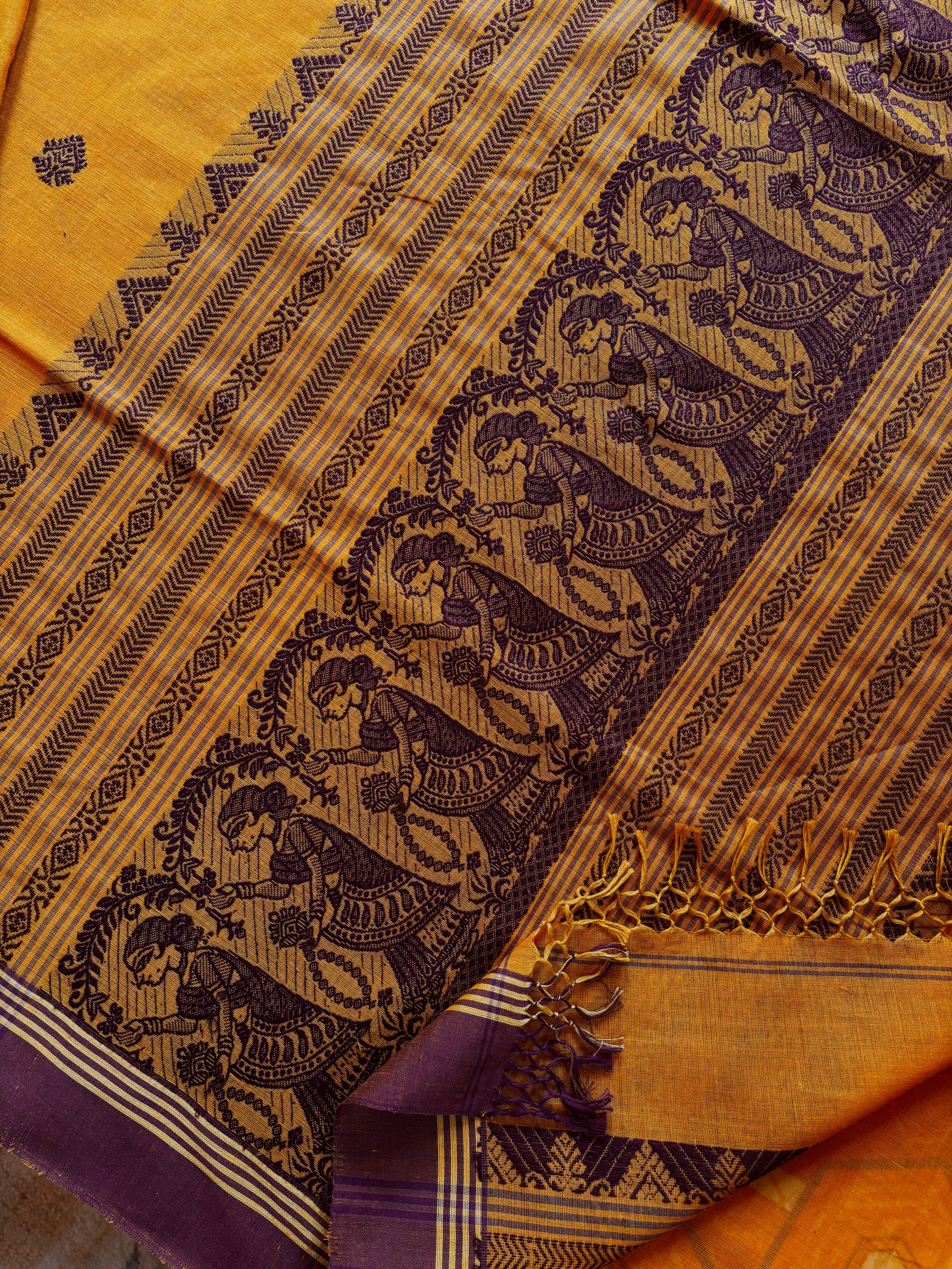 Handwoven Mustard Yellow Colour Cotton Baluchari Saree