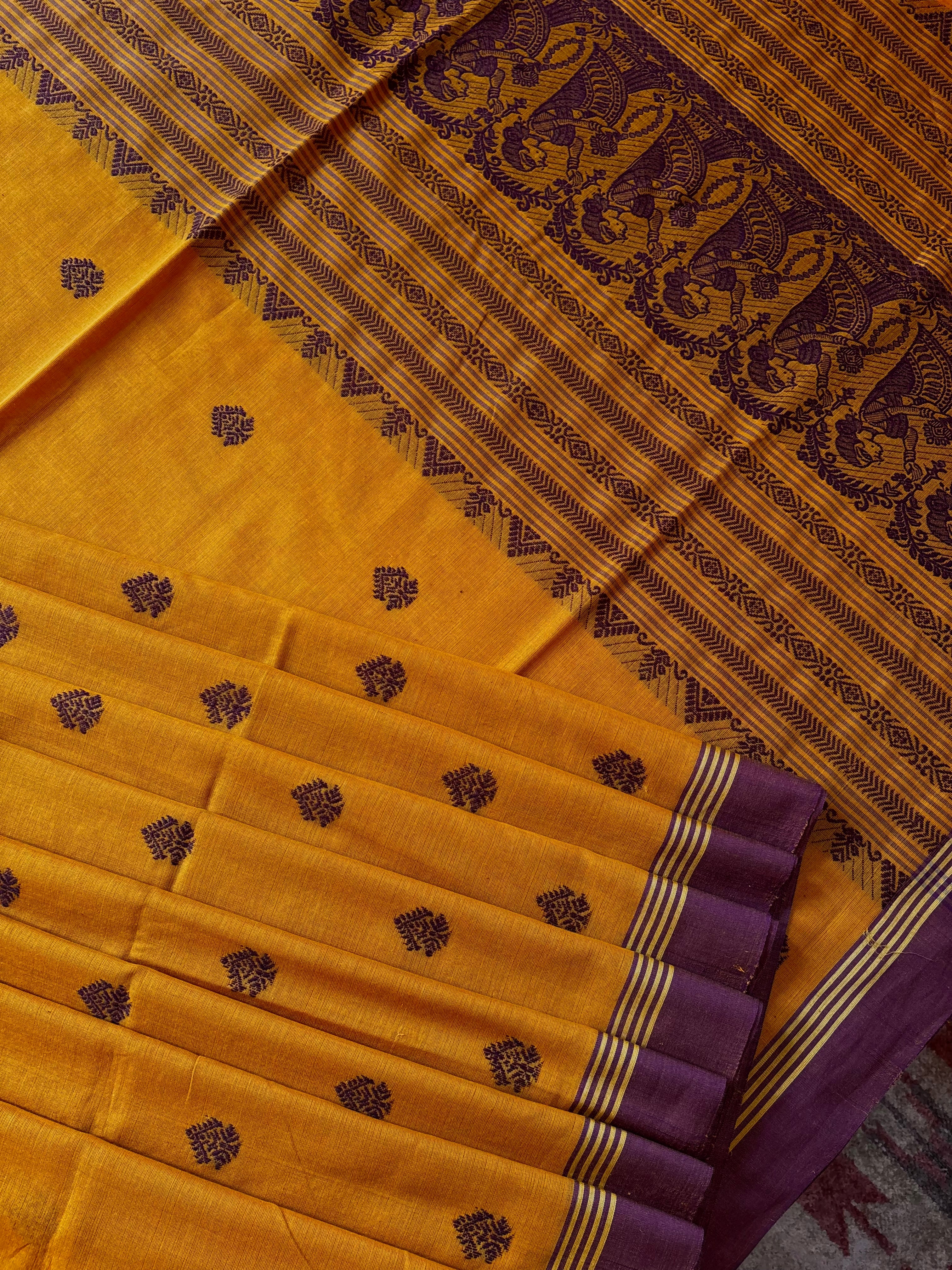 Handwoven Mustard Yellow Colour Cotton Baluchari Saree