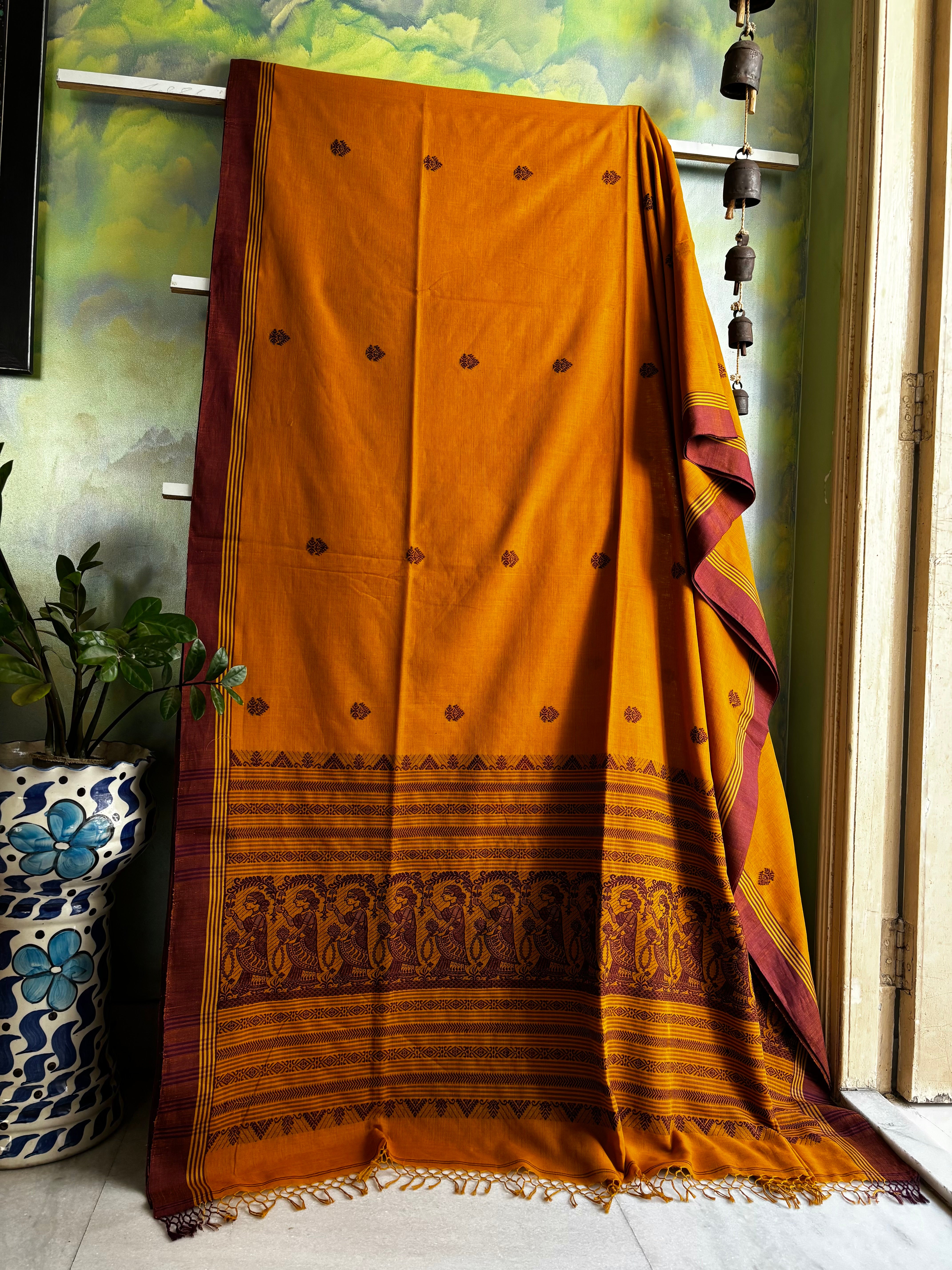Handwoven Mustard Yellow Colour Cotton Baluchari Saree