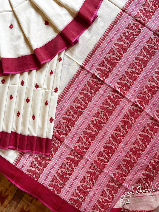 Handwoven White Red Cotton Baluchari Saree