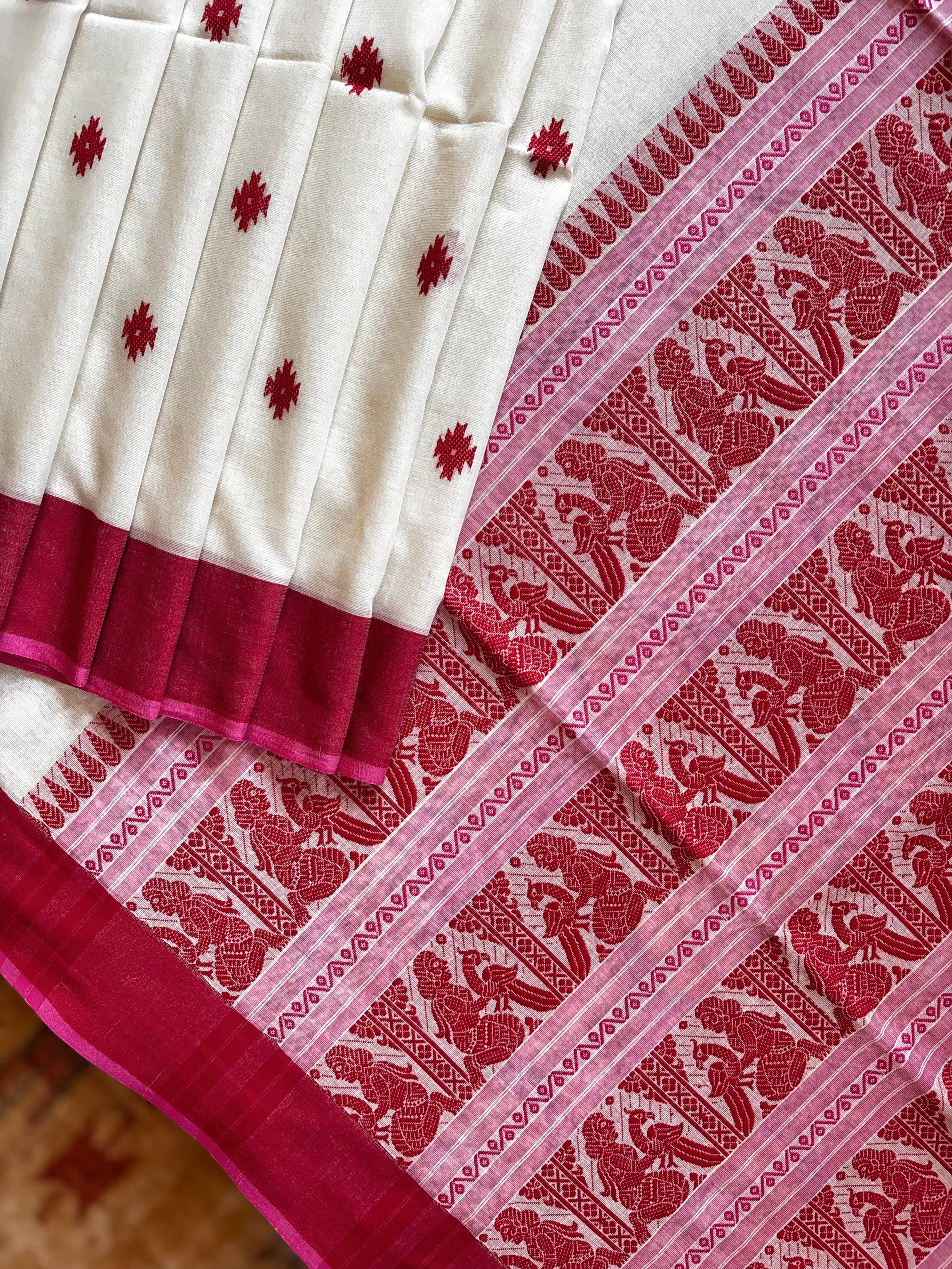 Handwoven White Red Cotton Baluchari Saree