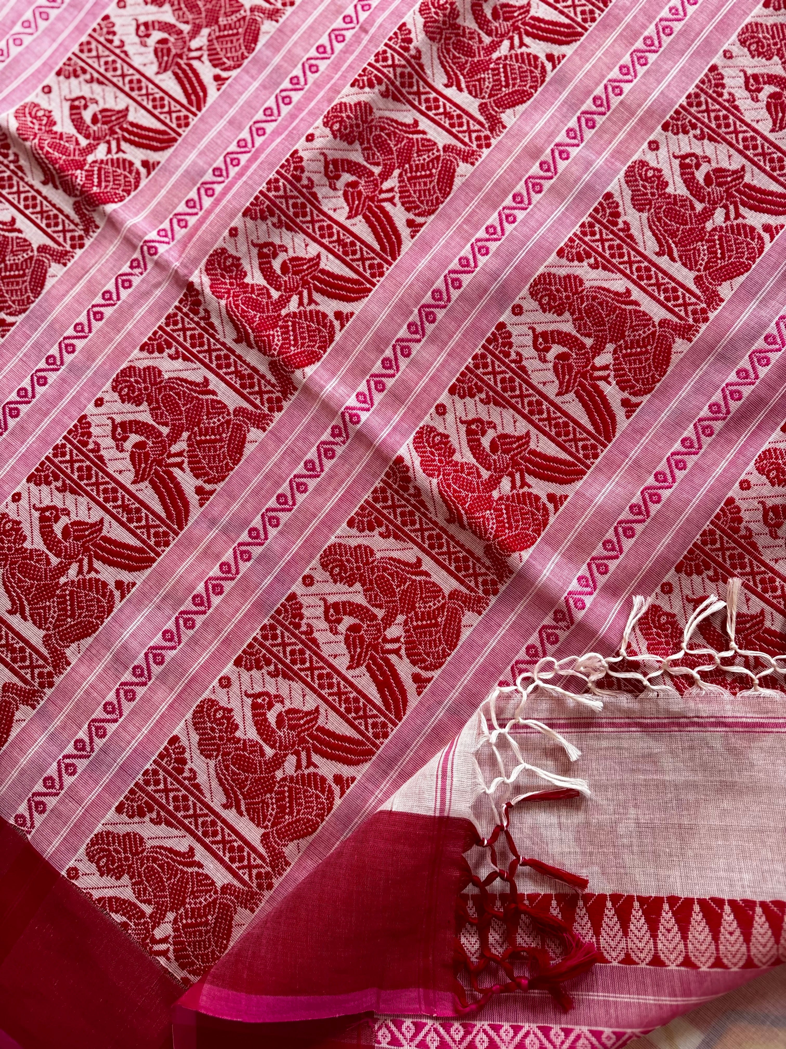 Handwoven White Red Cotton Baluchari Saree