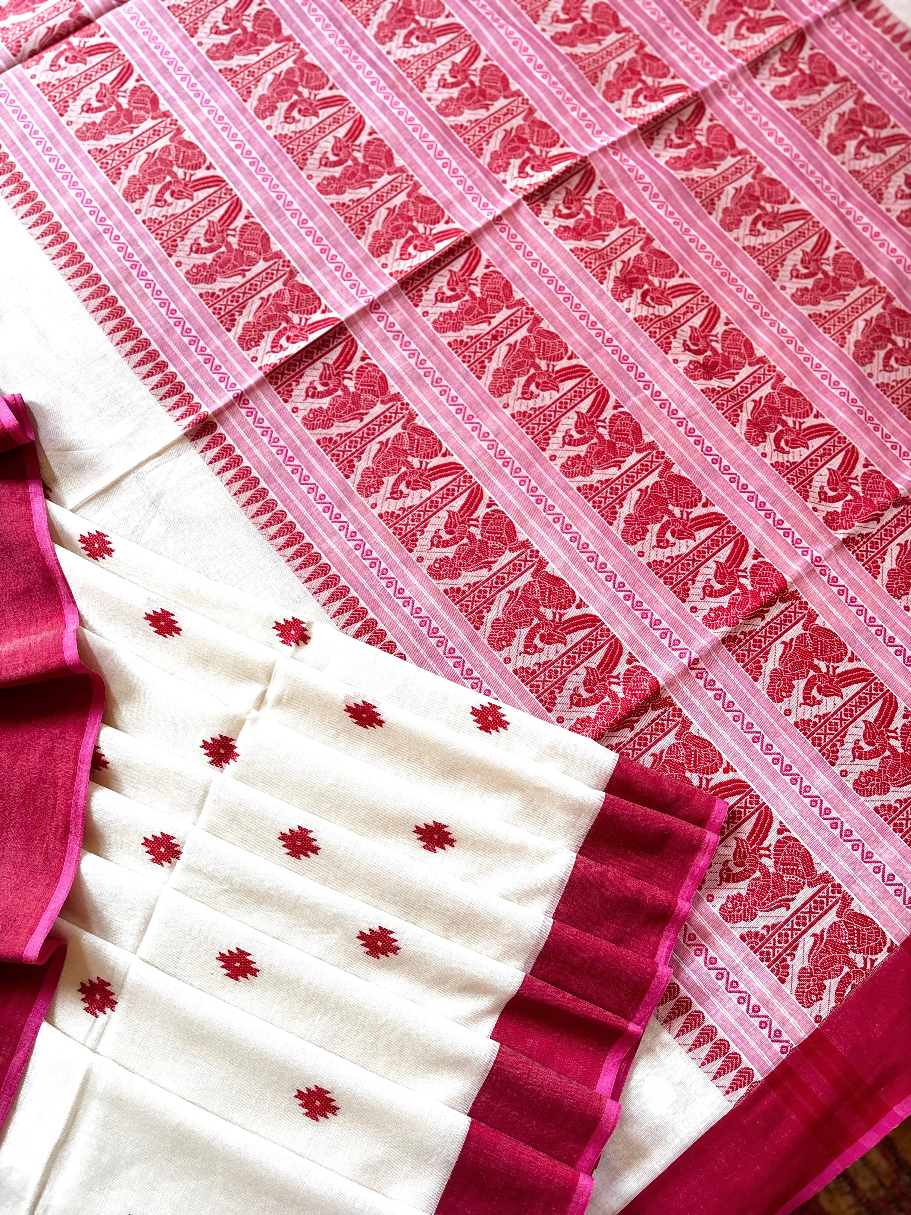 Handwoven White Red Cotton Baluchari Saree