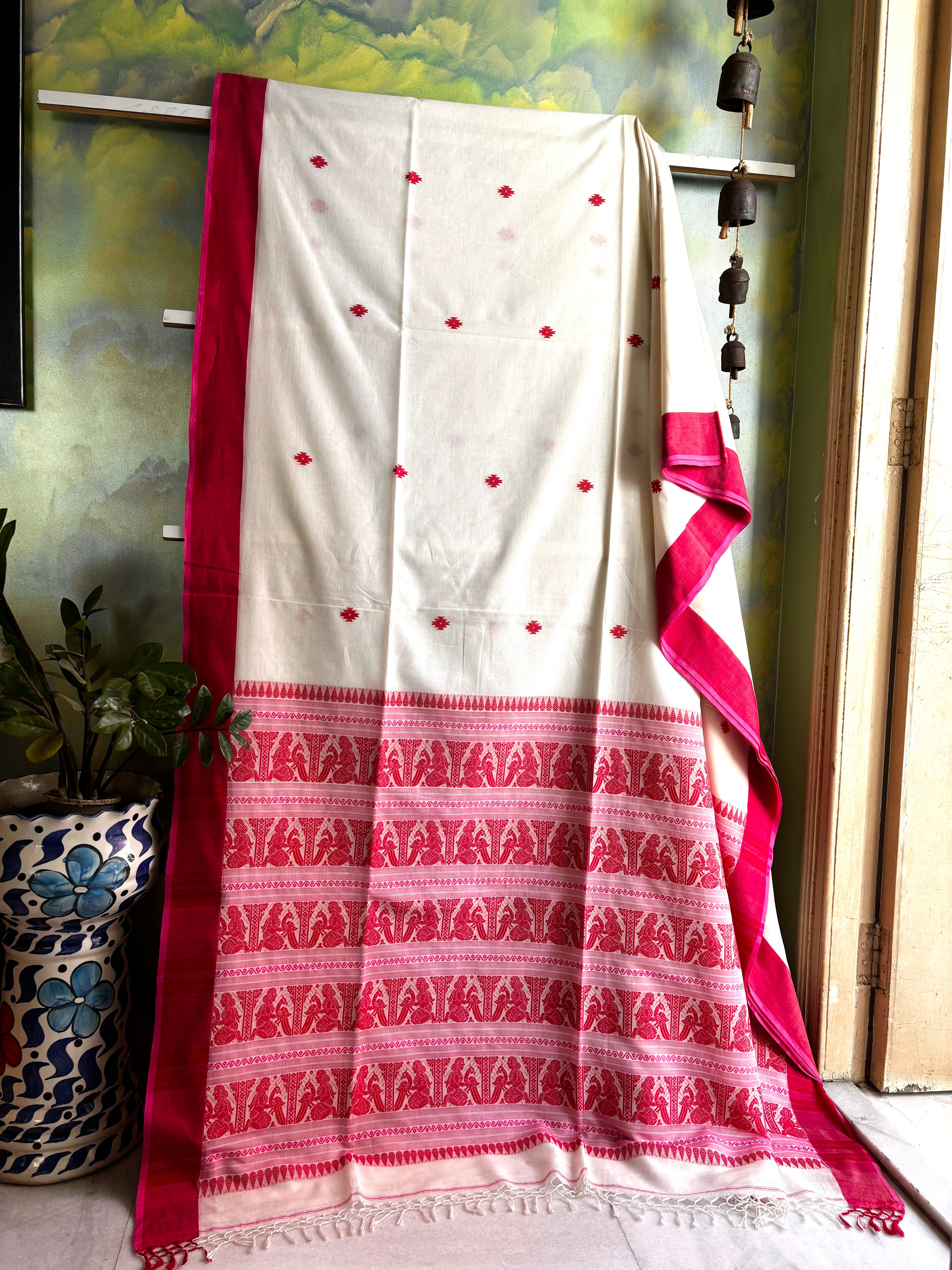 Handwoven White Red Cotton Baluchari Saree