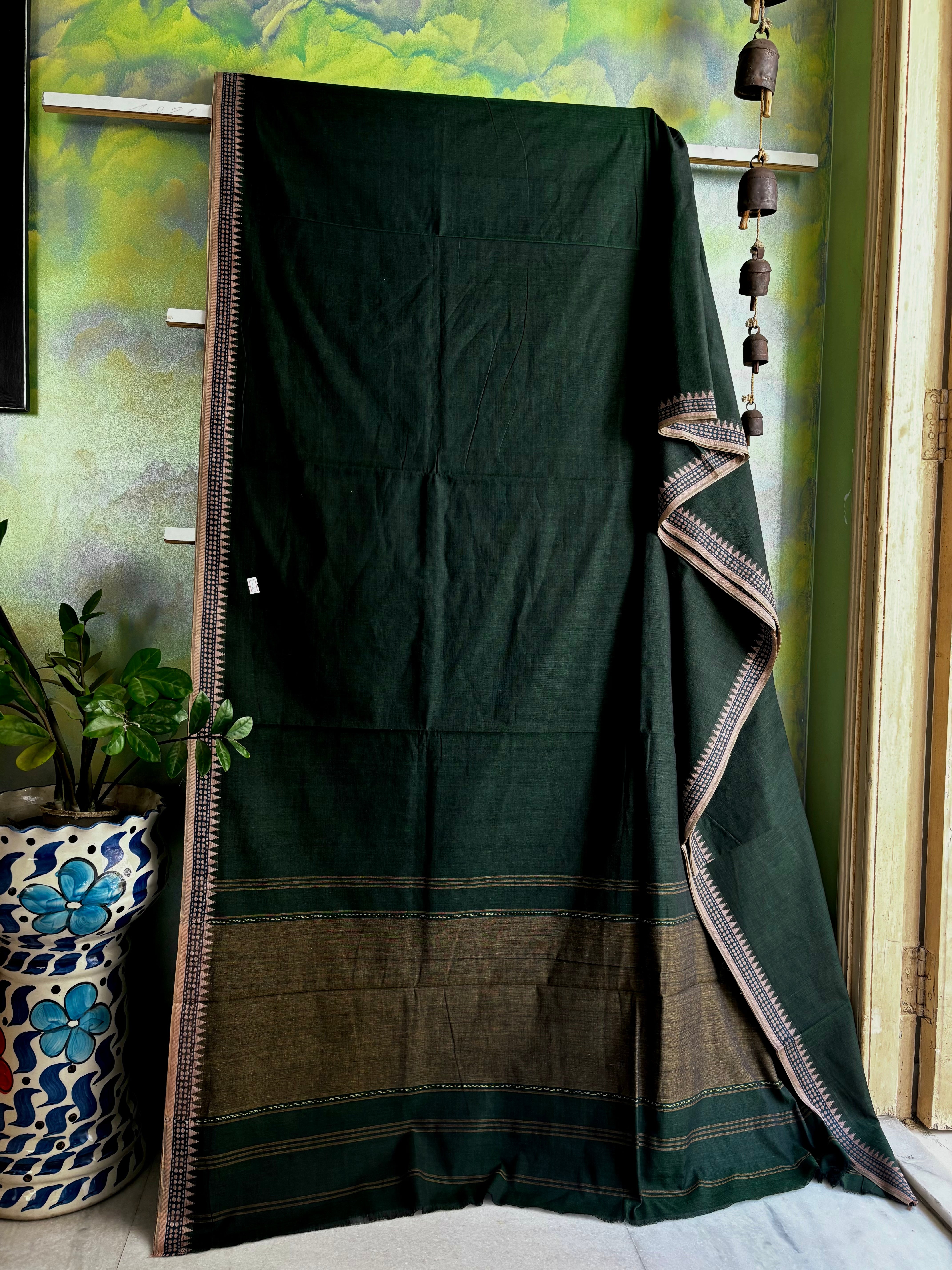 Handwoven Dark Ram Green Colour Dhonekhali Cotton Saree