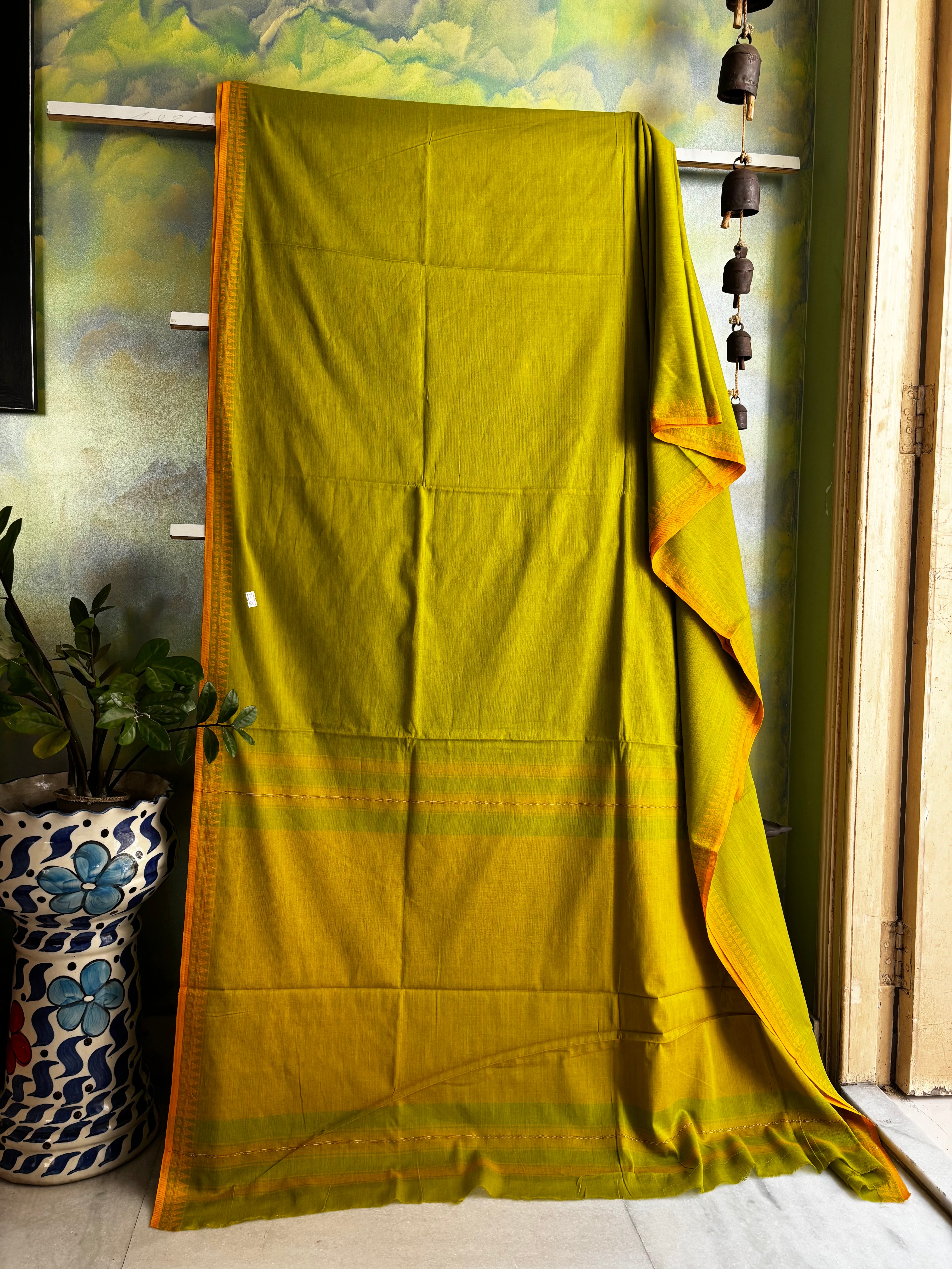 Handwoven Parrot Green Colour Dhonekhali Cotton Saree