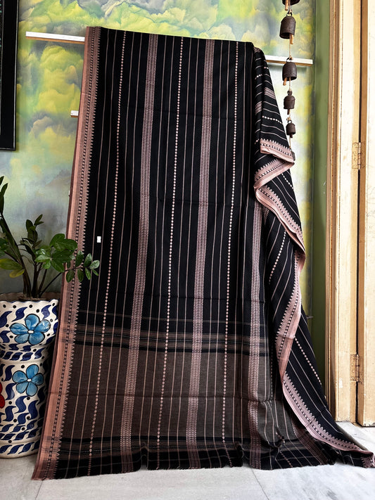 Handwoven Black Colour Pure Cotton Dhonekhali Saree