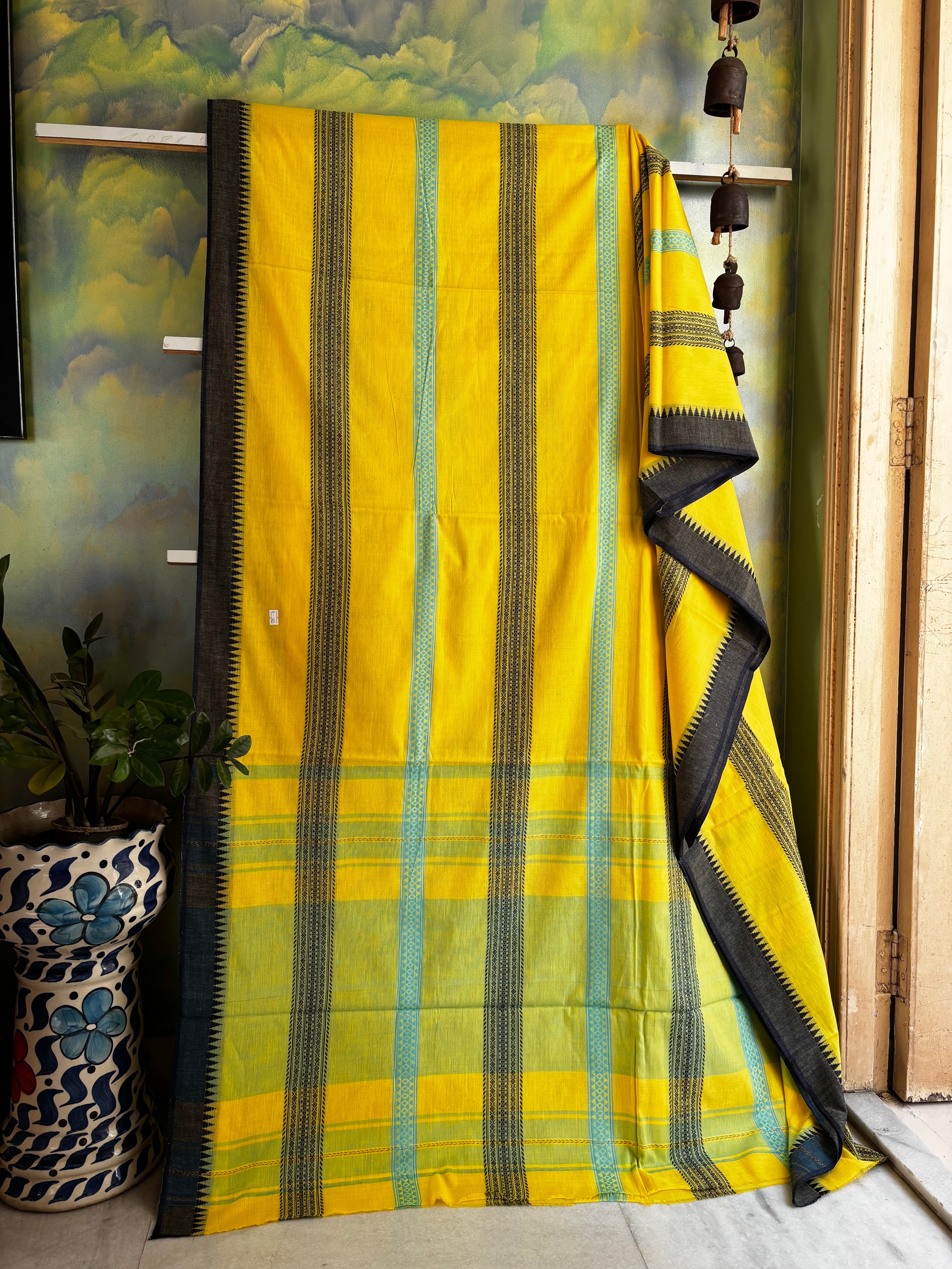 Handwoven Yellow Colour Pure Cotton Dhonekhali Saree