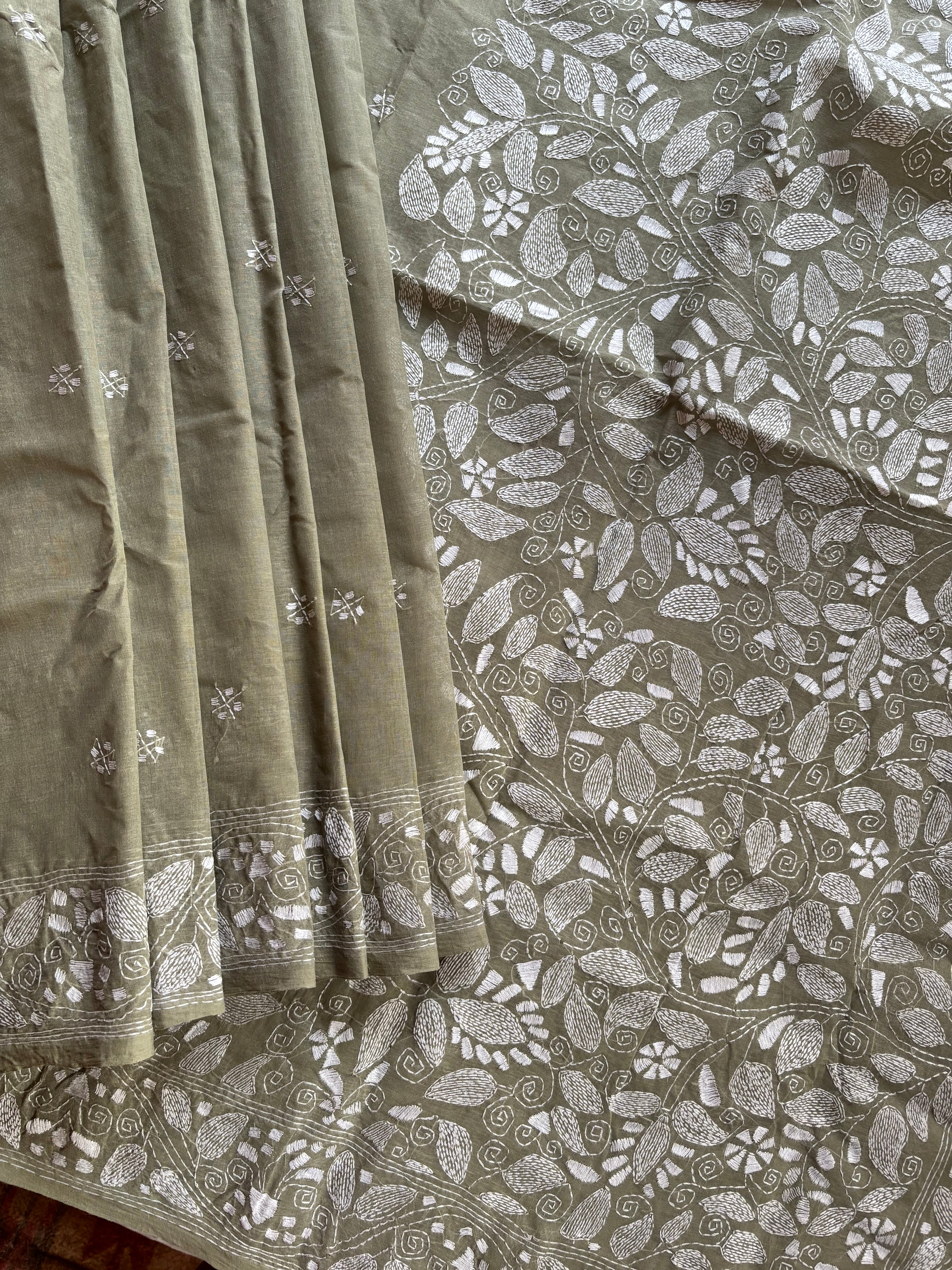 Handwoven Sage Green Cotton Kantha