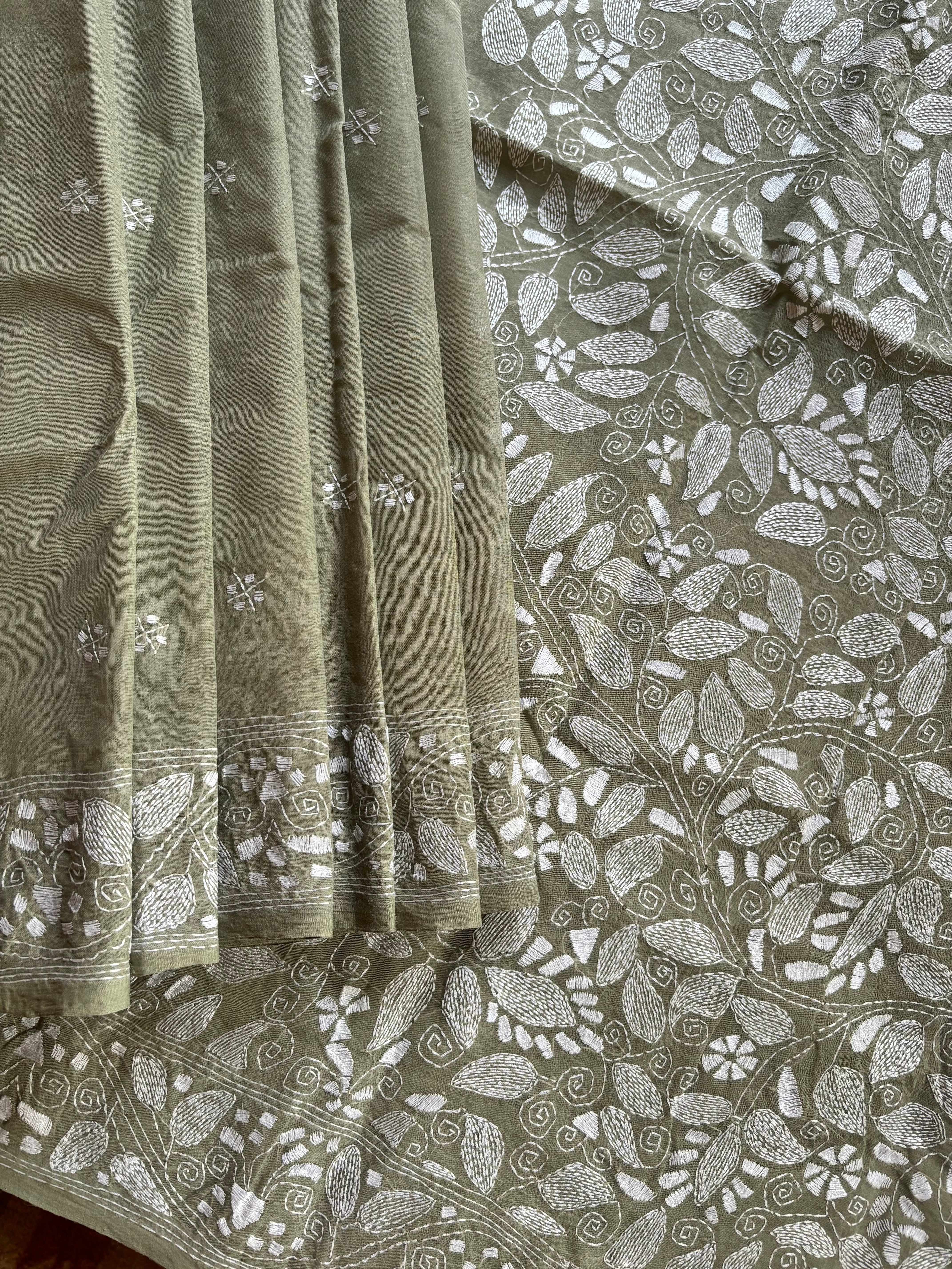 Handwoven Sage Green Cotton Kantha