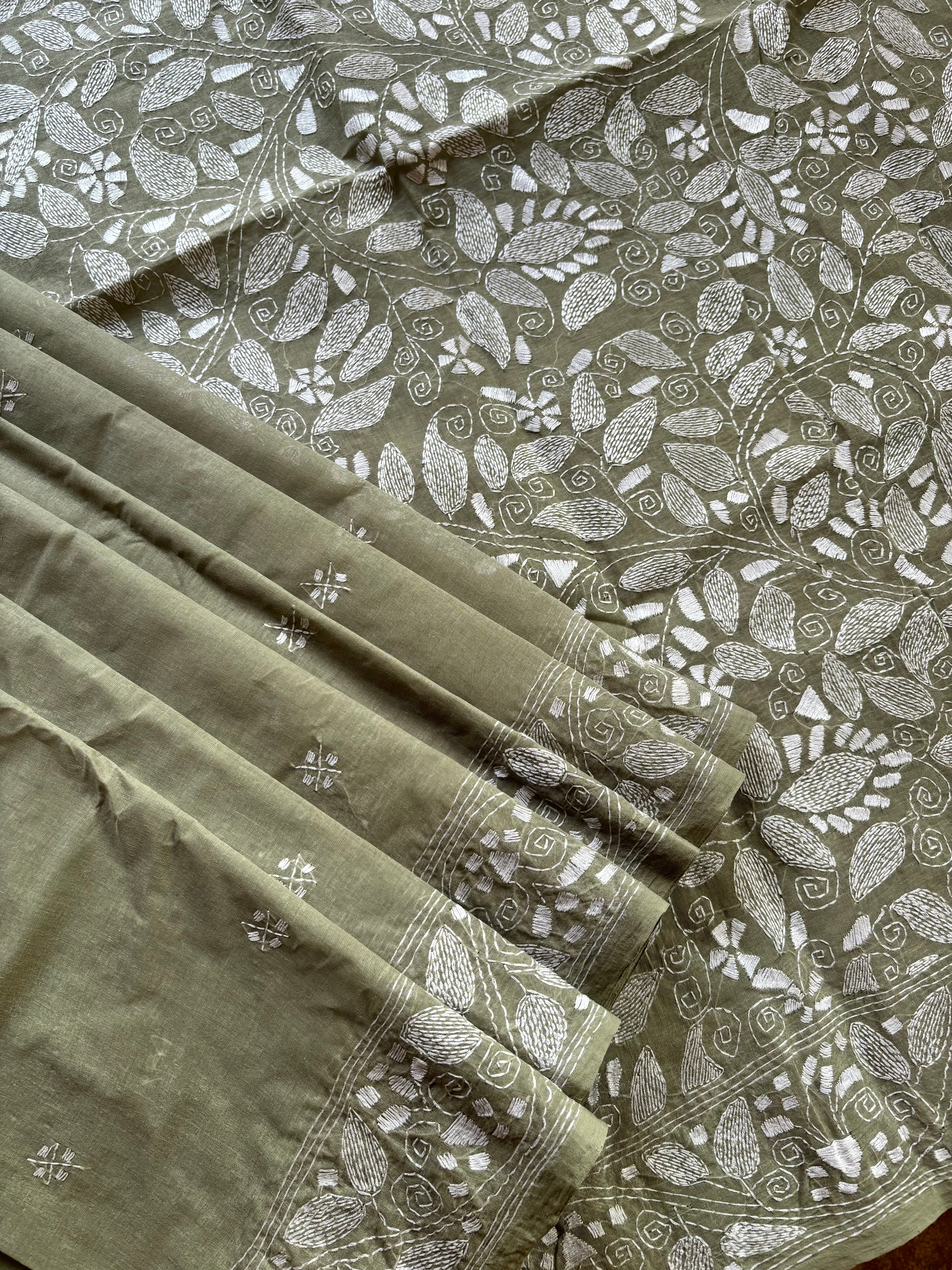 Handwoven Sage Green Cotton Kantha