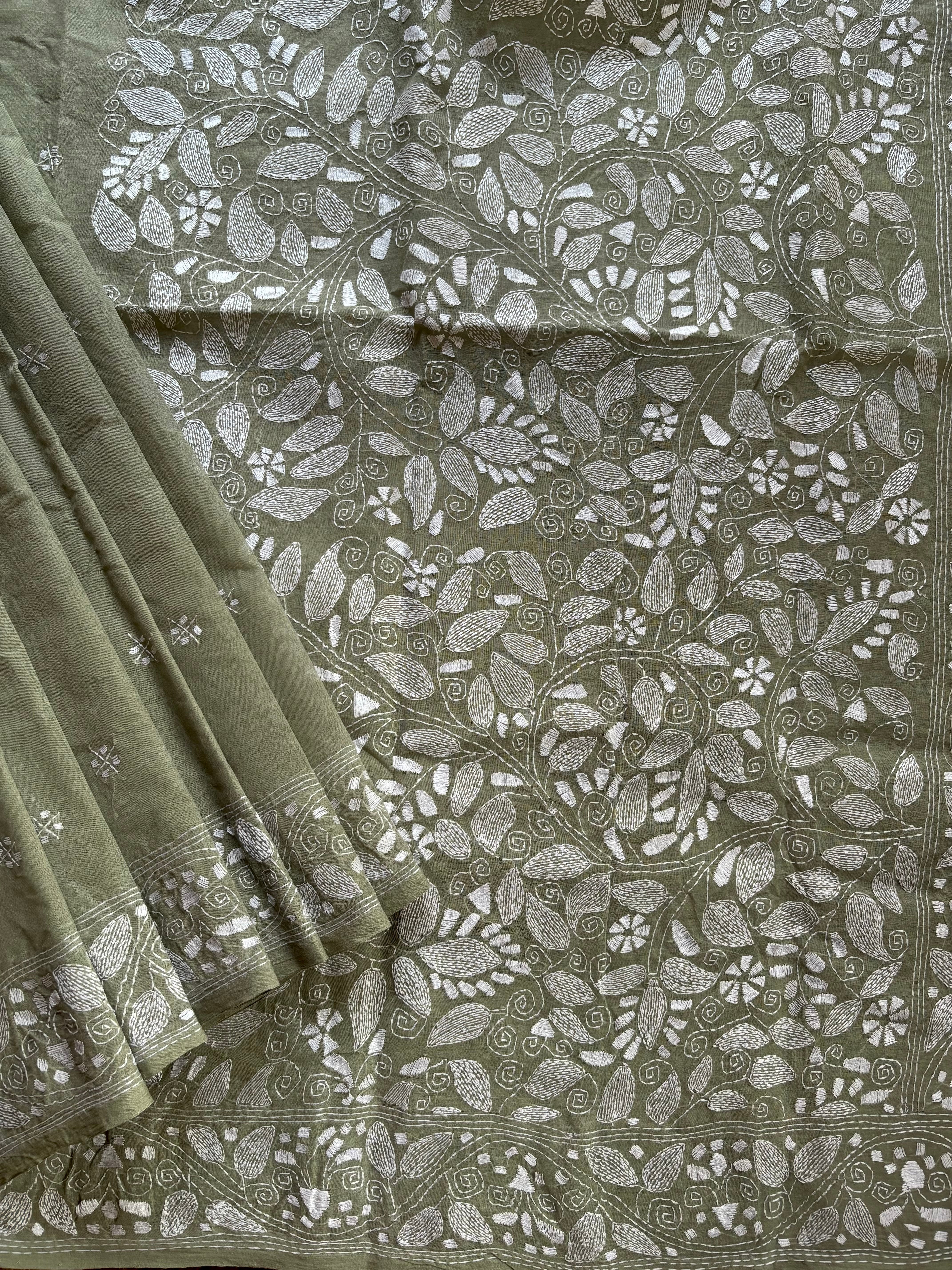 Handwoven Sage Green Cotton Kantha