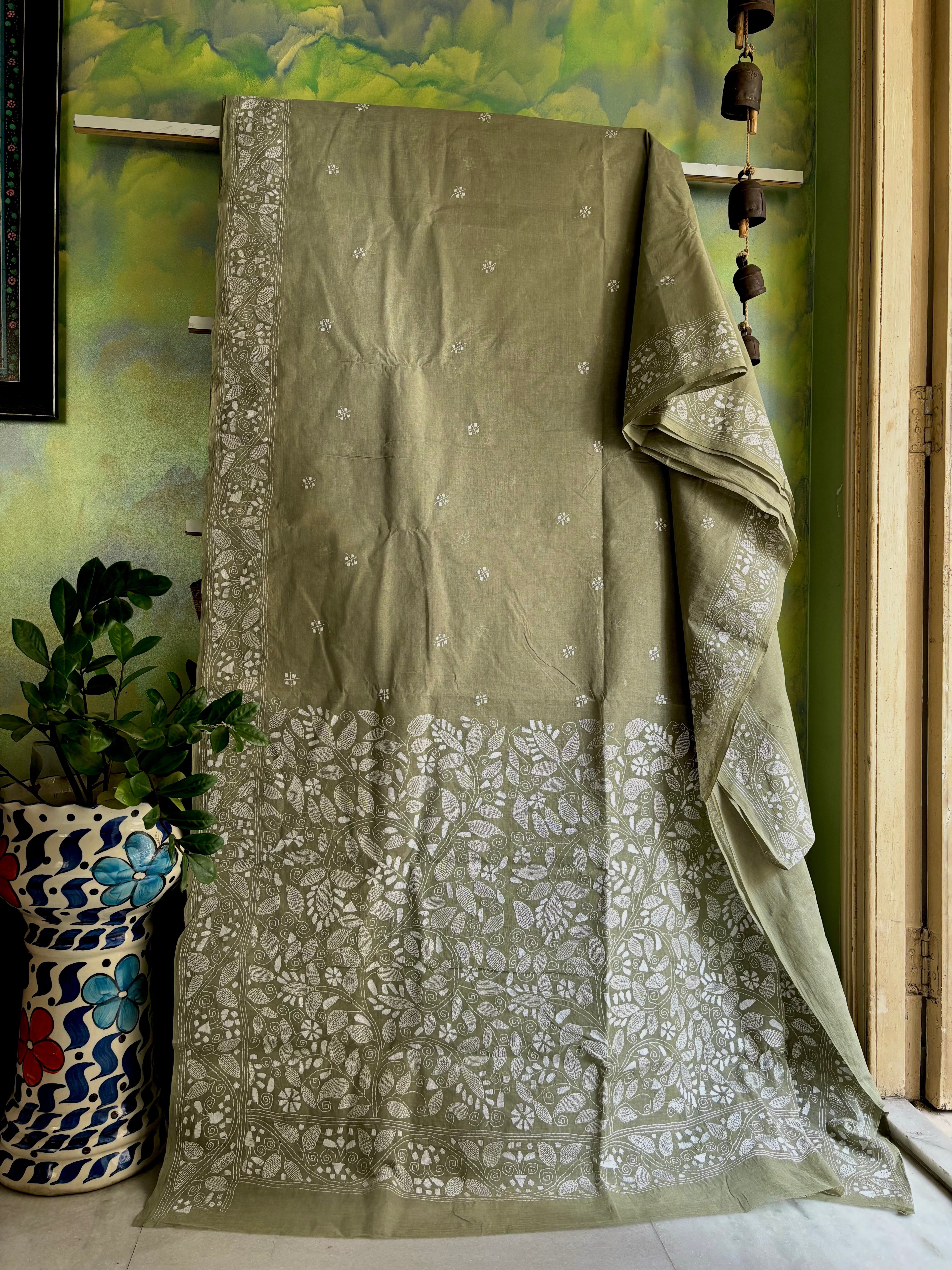 Handwoven Sage Green Cotton Kantha