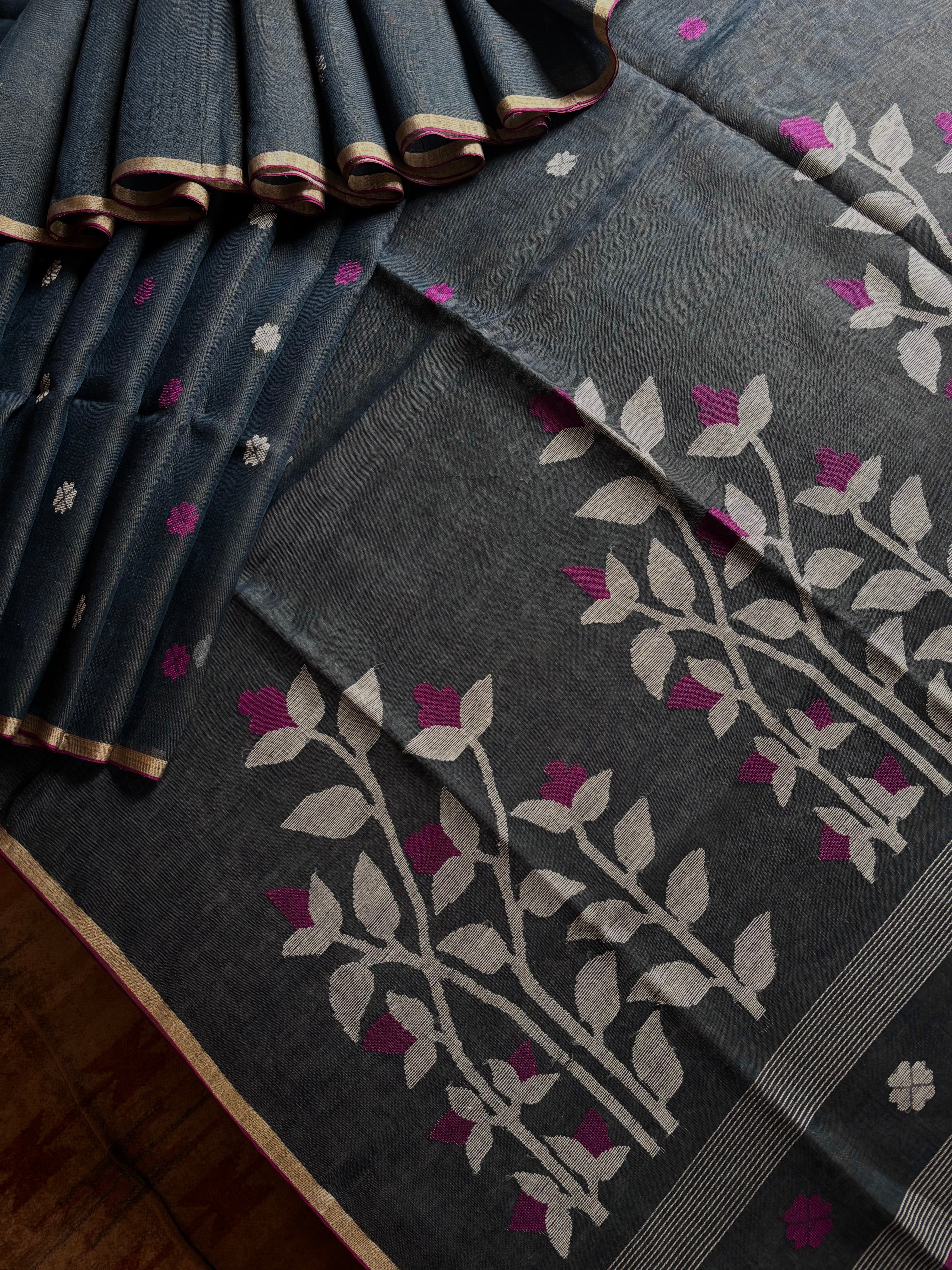 Handwoven Bluish Grey Linen Jamdani Saree