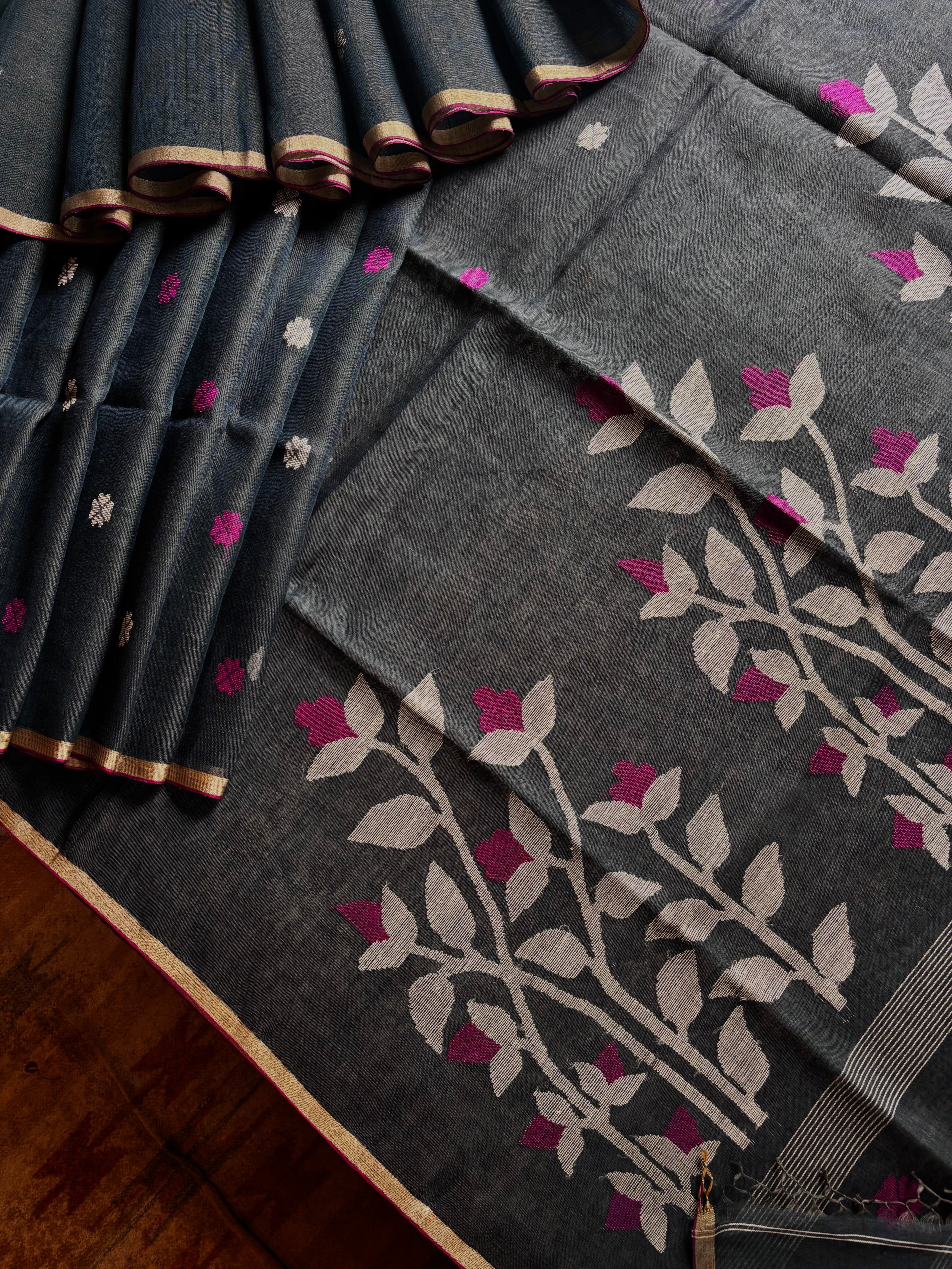 Handwoven Bluish Grey Linen Jamdani Saree