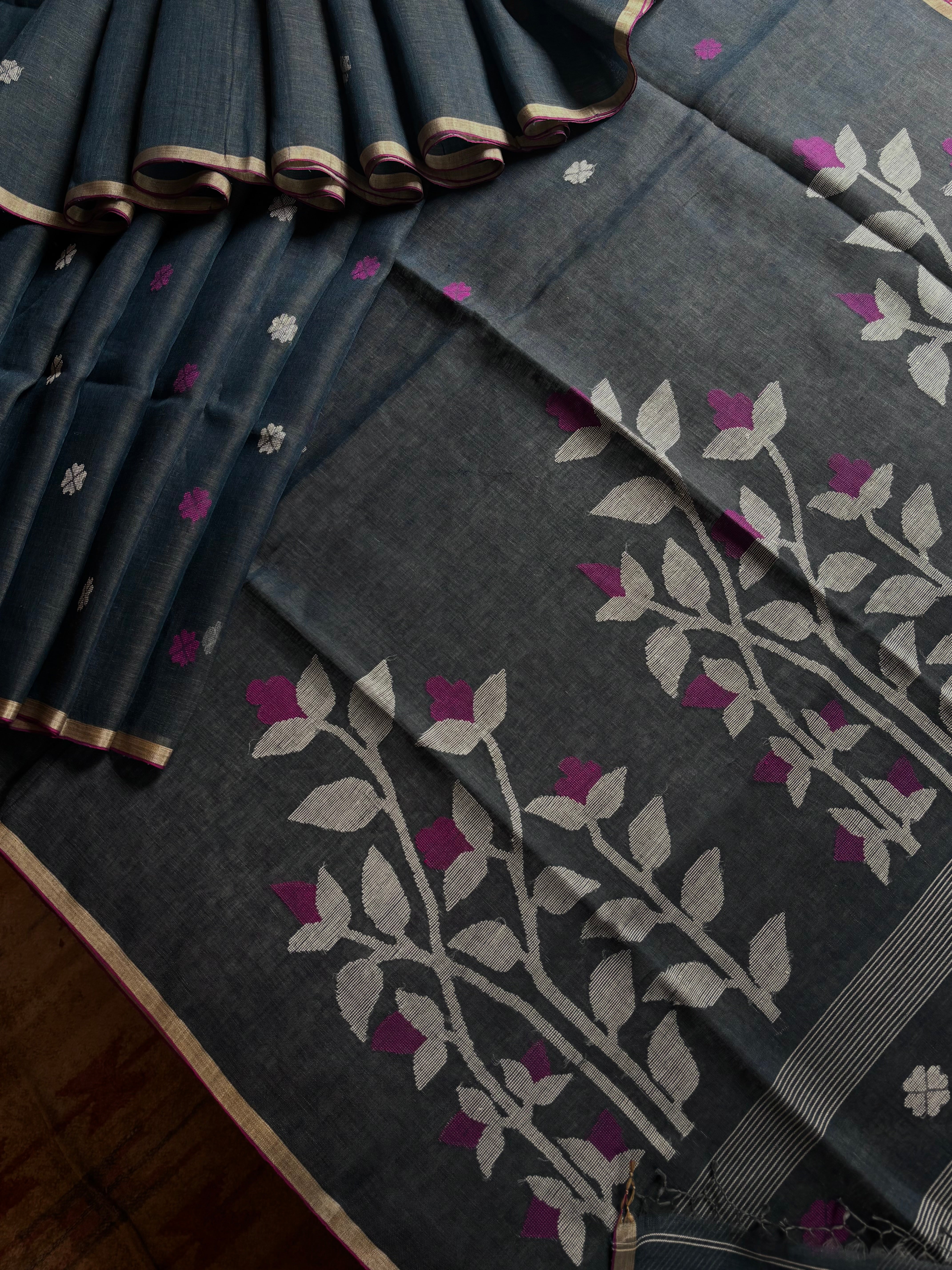 Handwoven Bluish Grey Linen Jamdani Saree