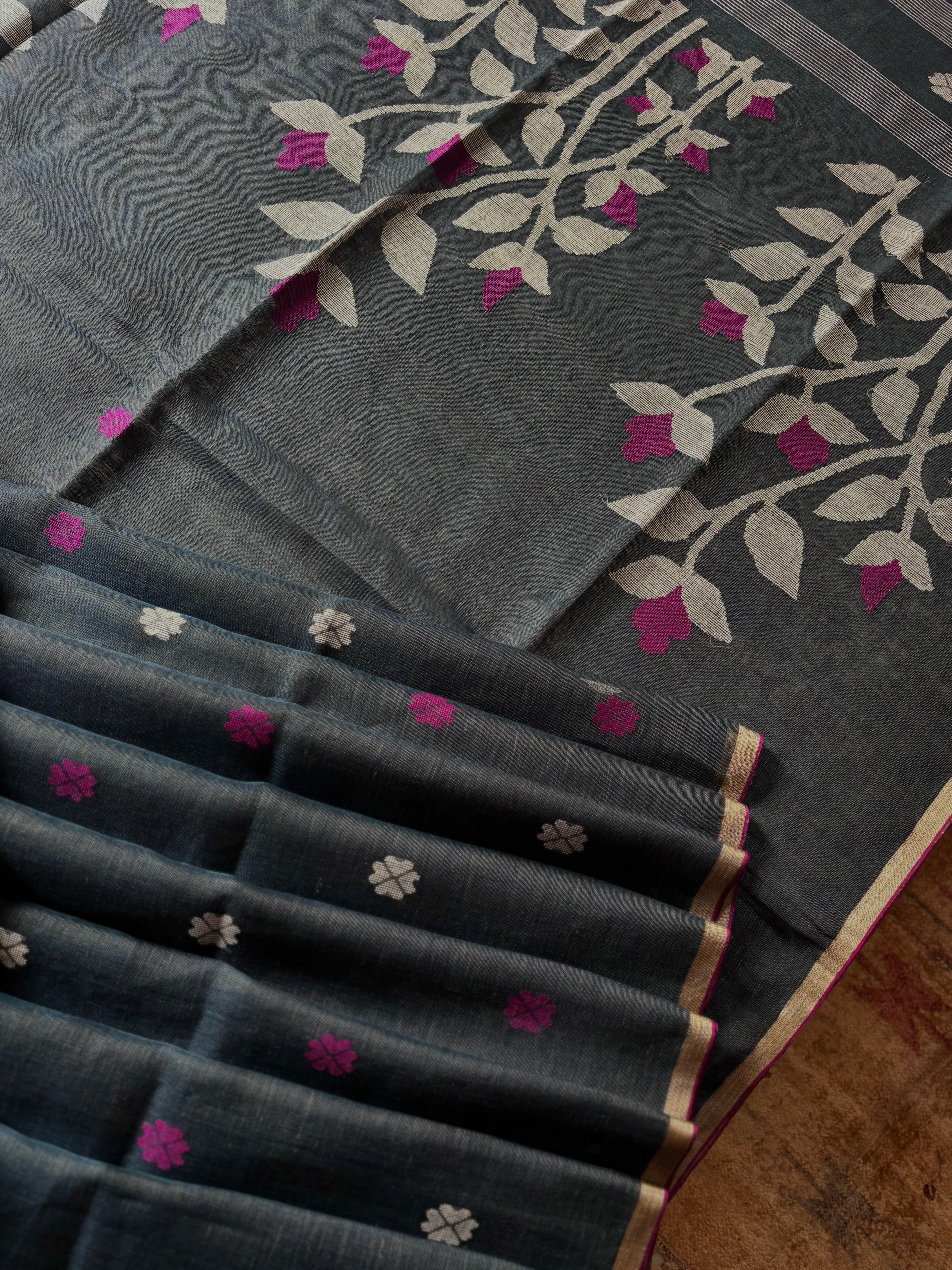 Handwoven Bluish Grey Linen Jamdani Saree