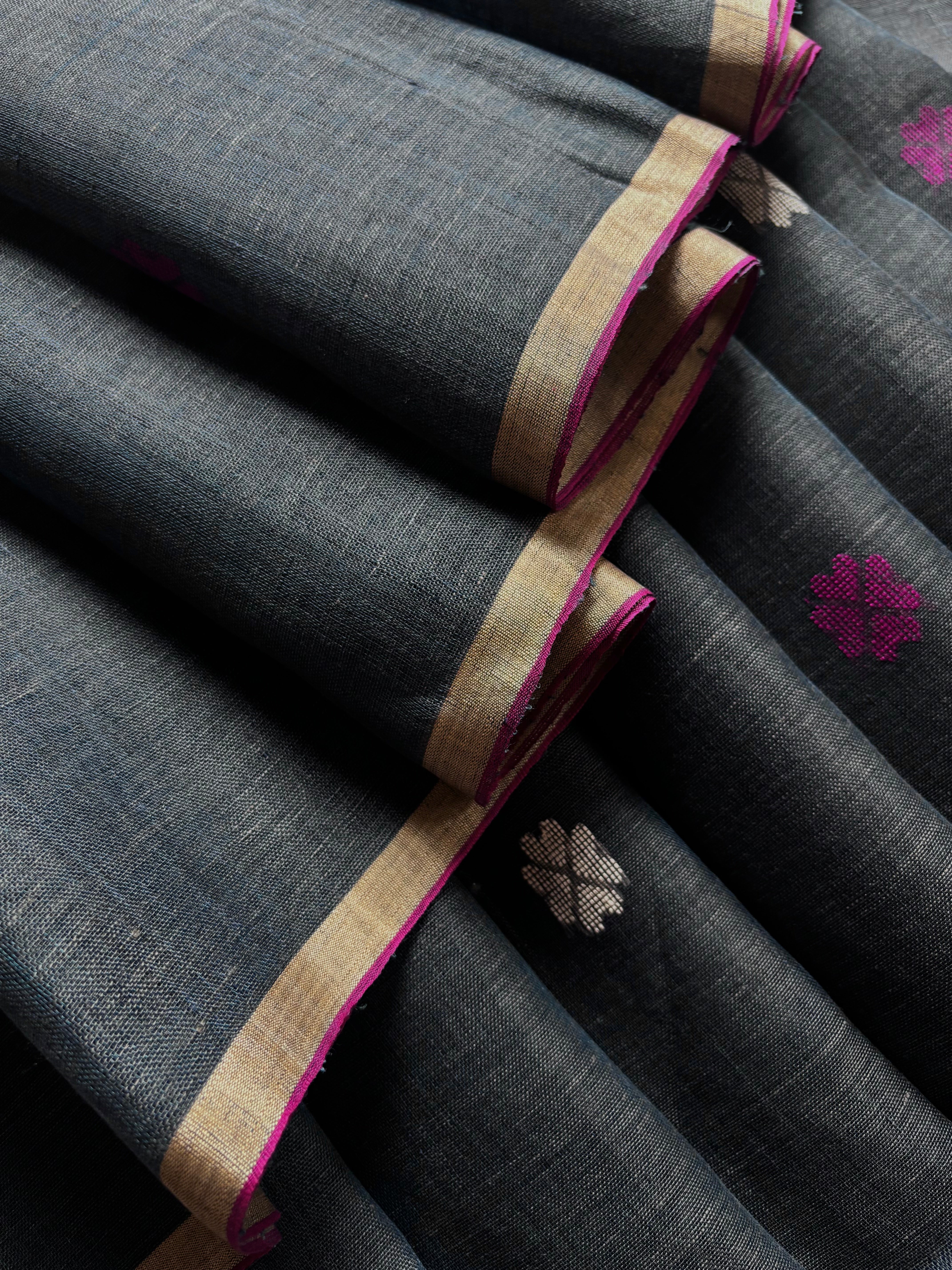 Handwoven Bluish Grey Linen Jamdani Saree