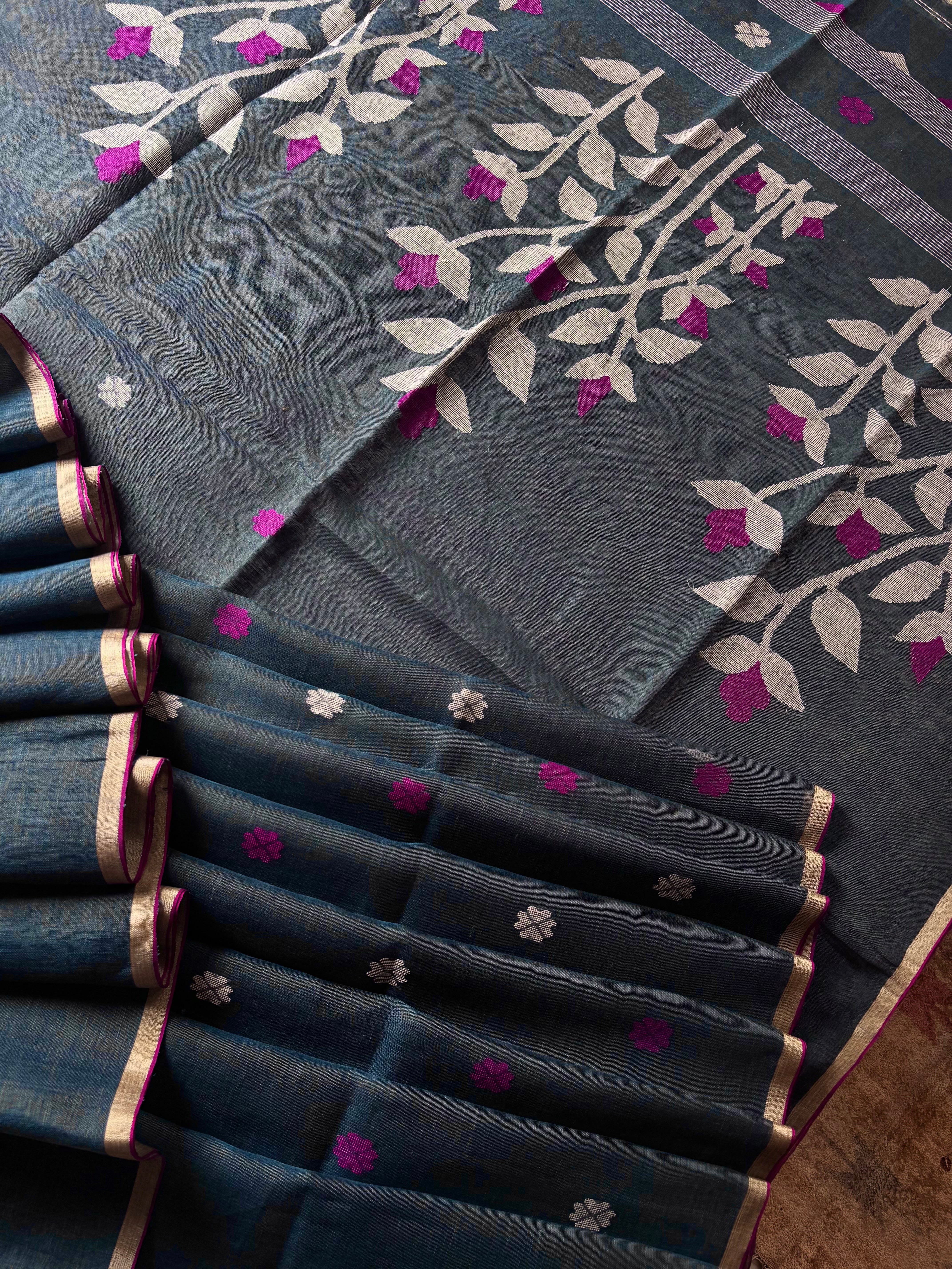 Handwoven Bluish Grey Linen Jamdani Saree