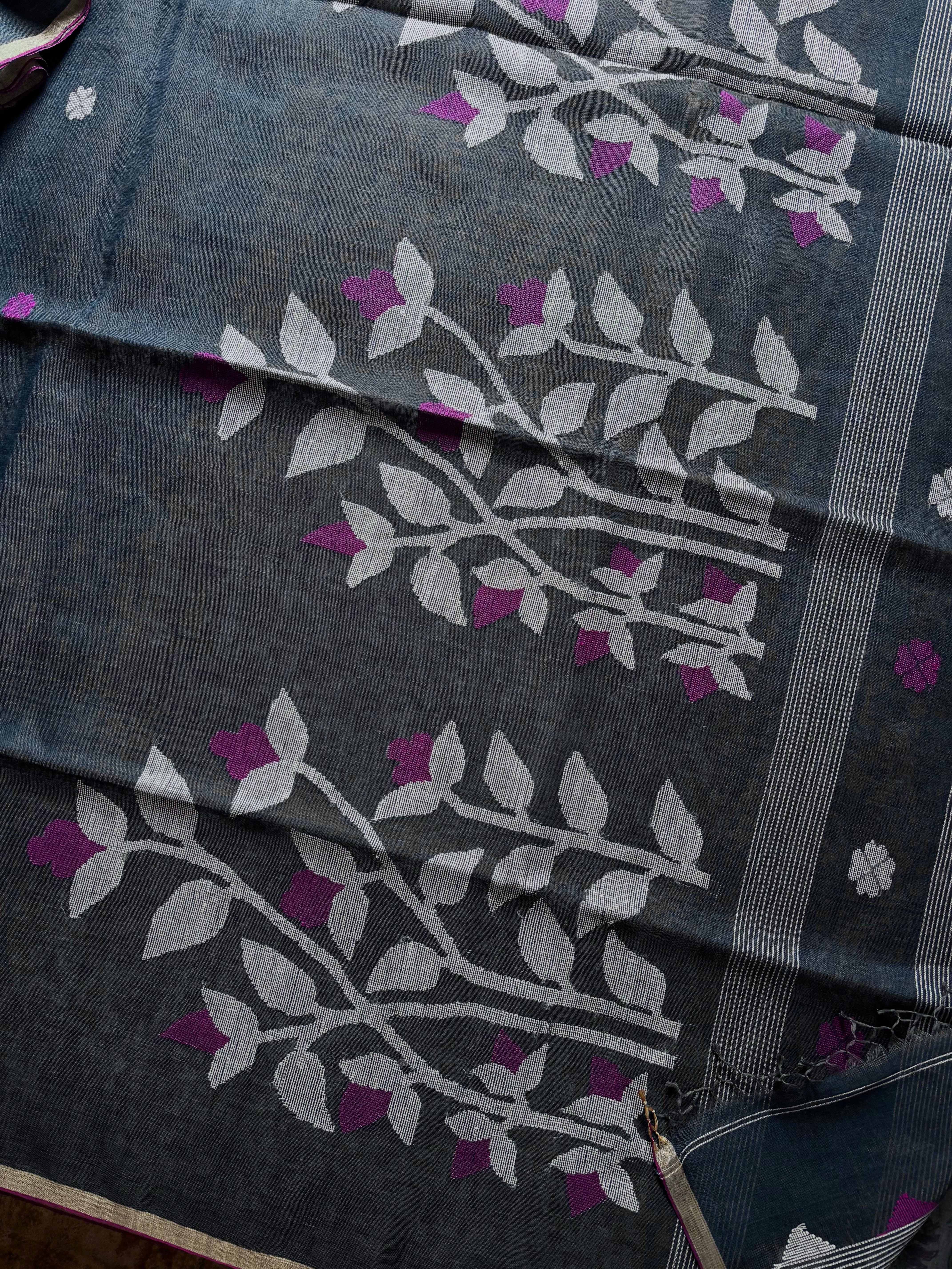 Handwoven Bluish Grey Linen Jamdani Saree