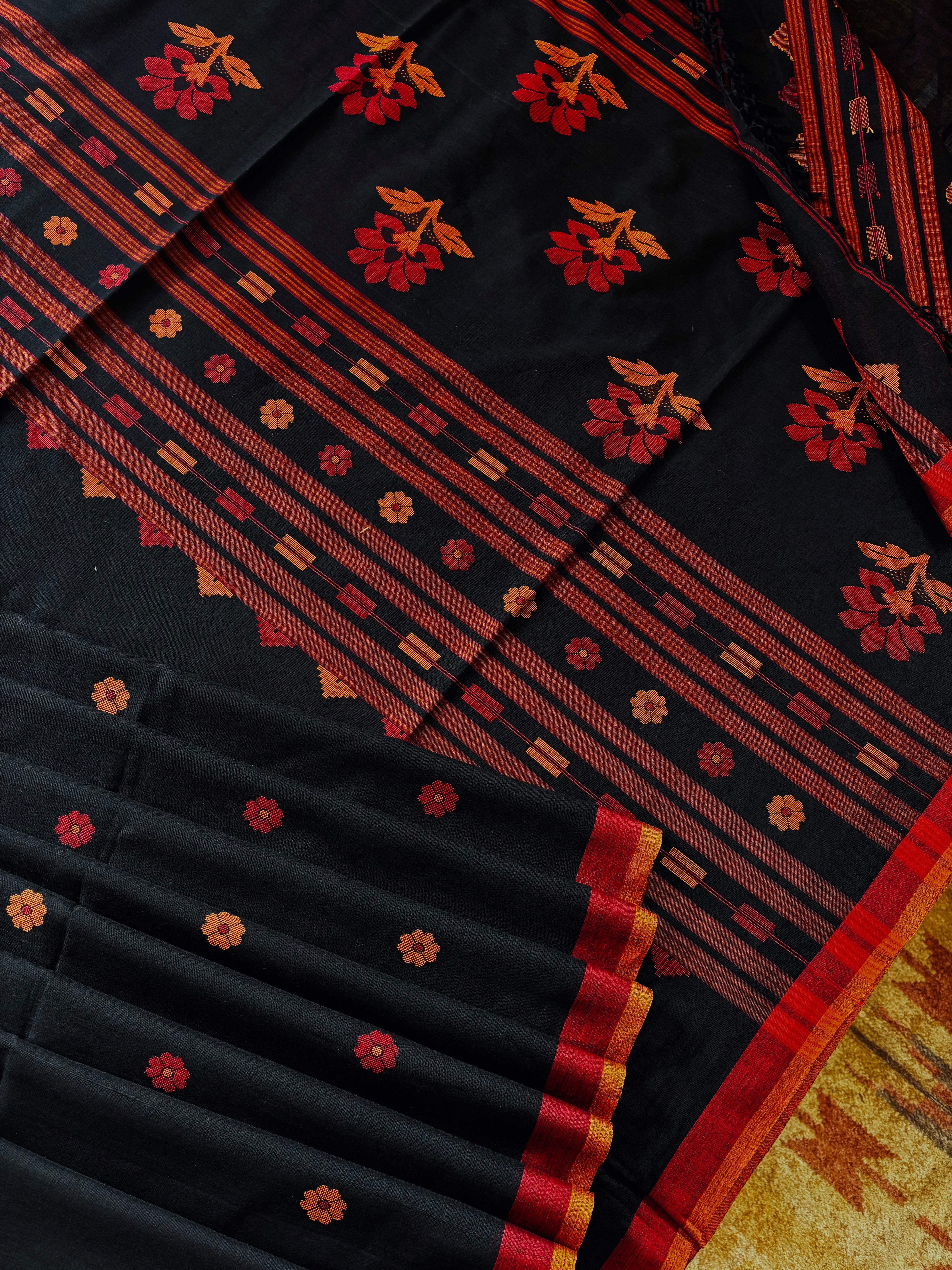 Handwoven Black Red Pure Cotton Jamdani Saree