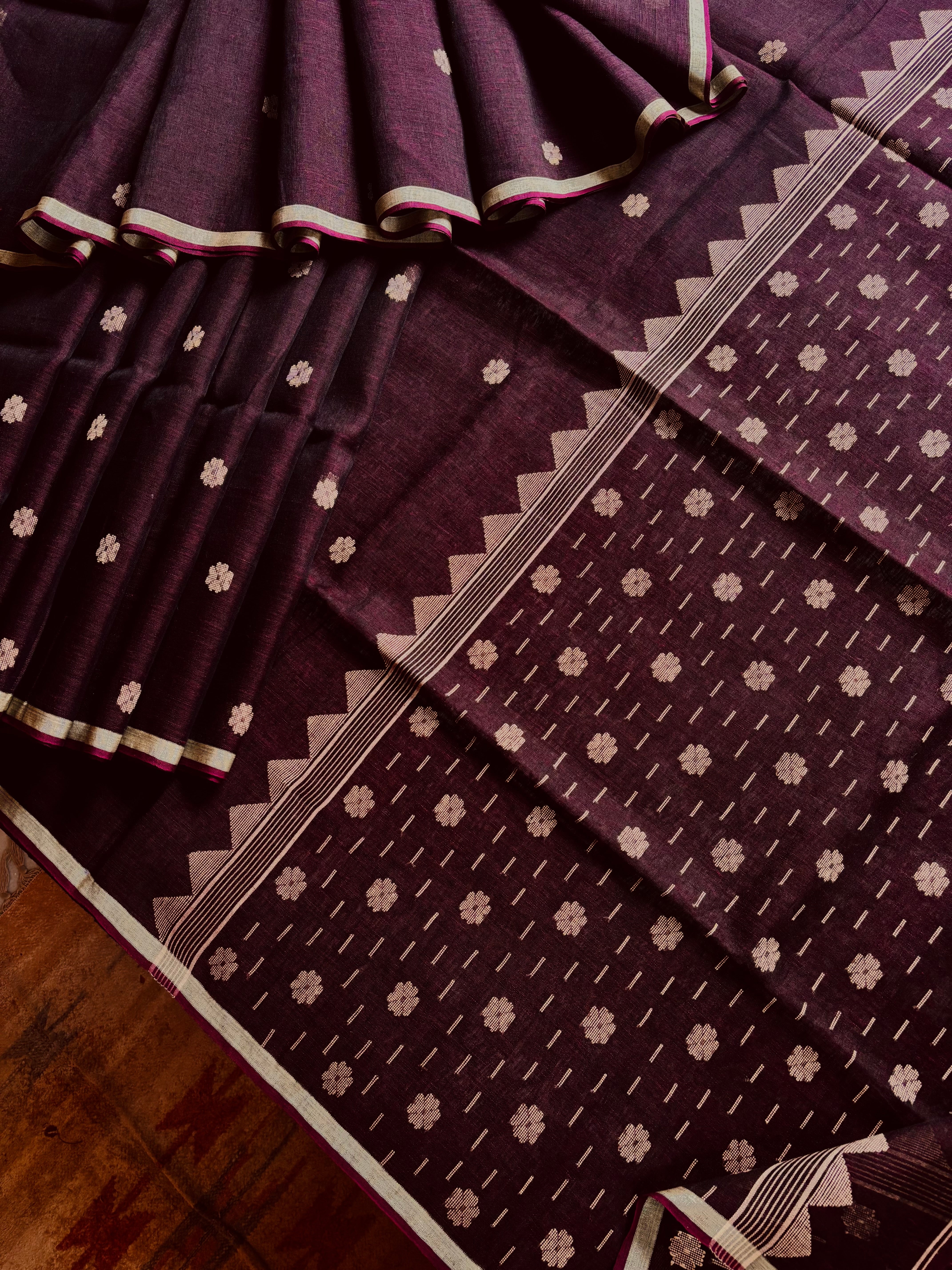 Handwoven Dark Plum Colour Linen Jamdani Saree
