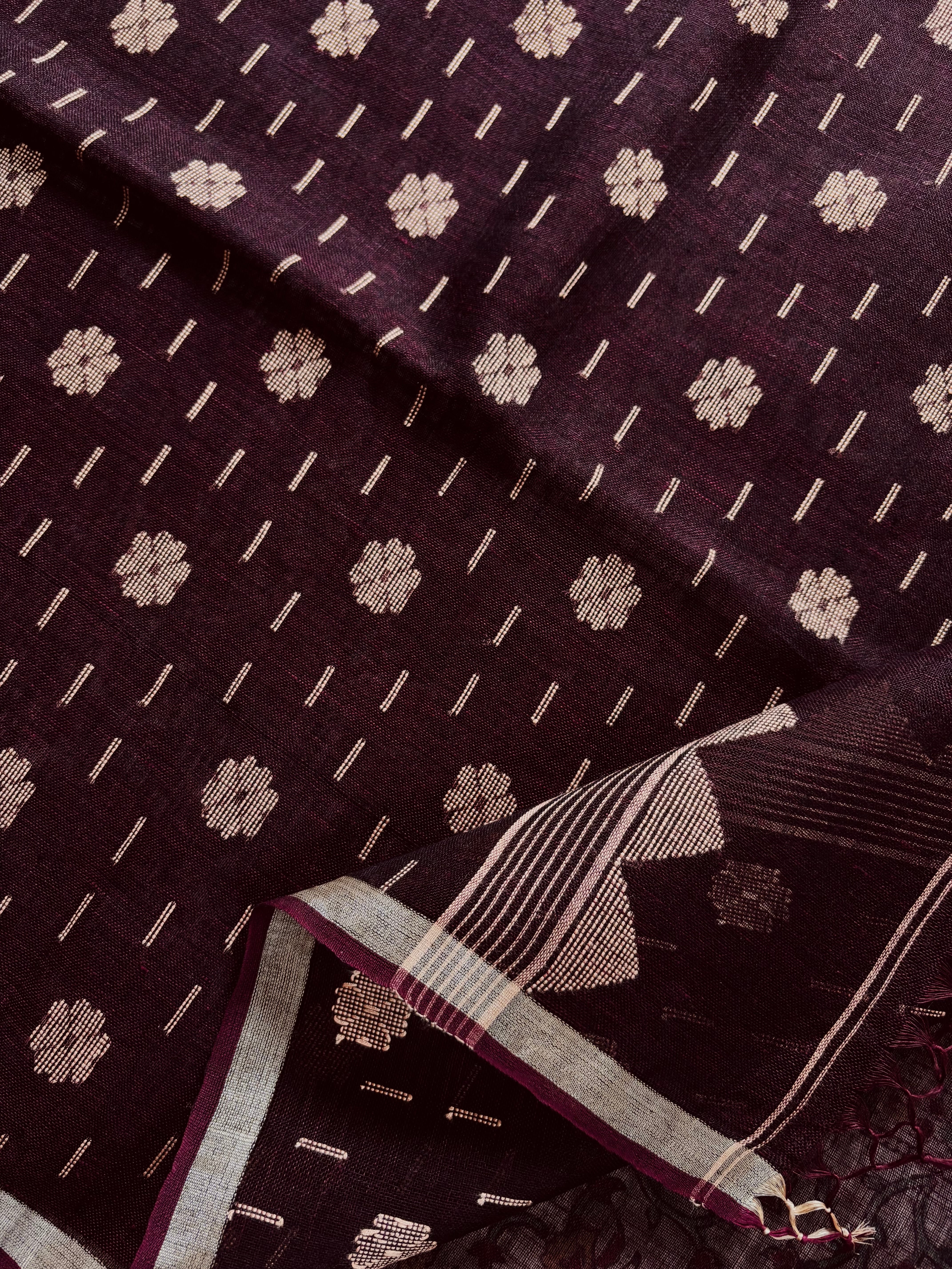 Handwoven Dark Plum Colour Linen Jamdani Saree