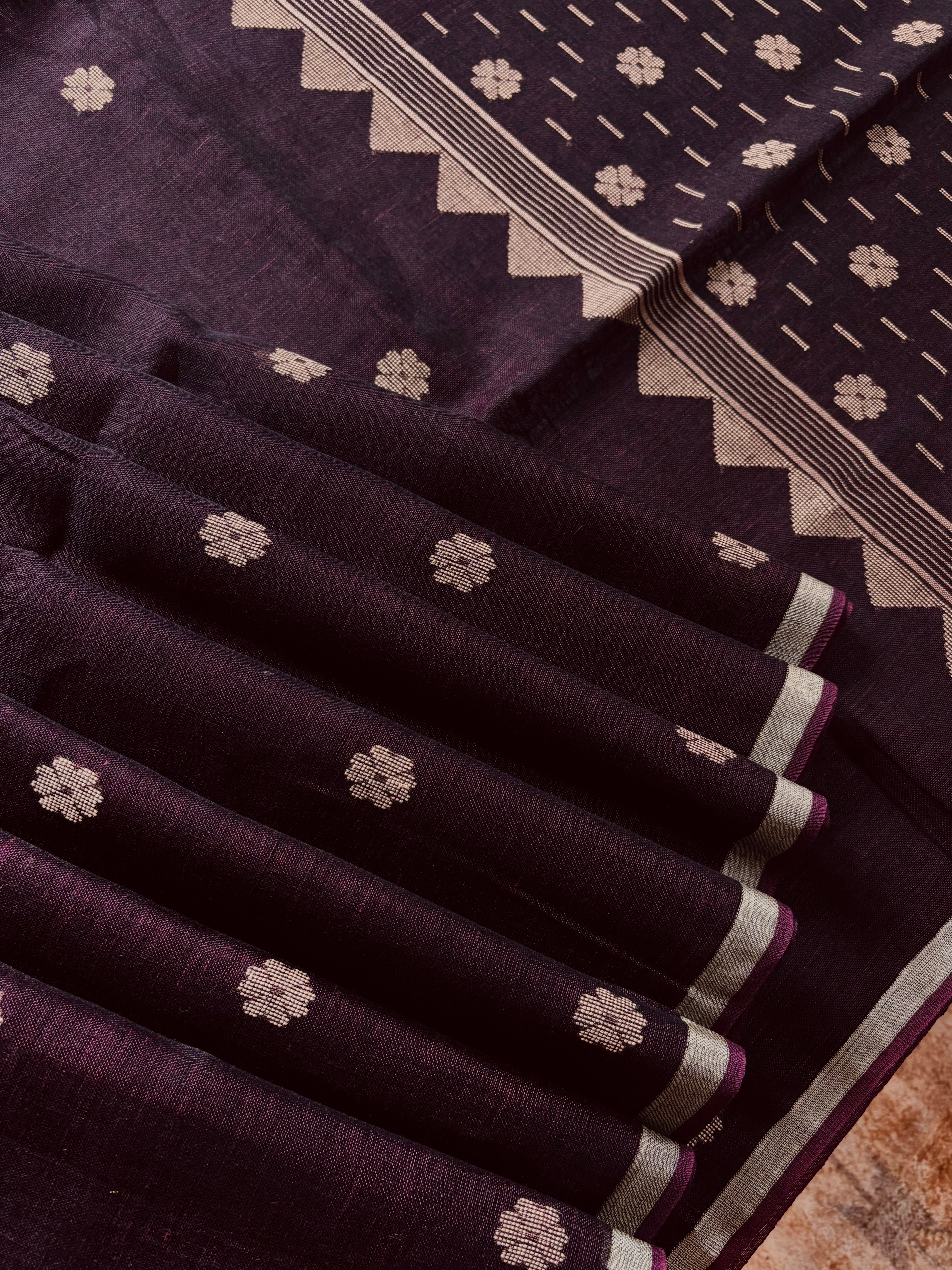 Handwoven Dark Plum Colour Linen Jamdani Saree
