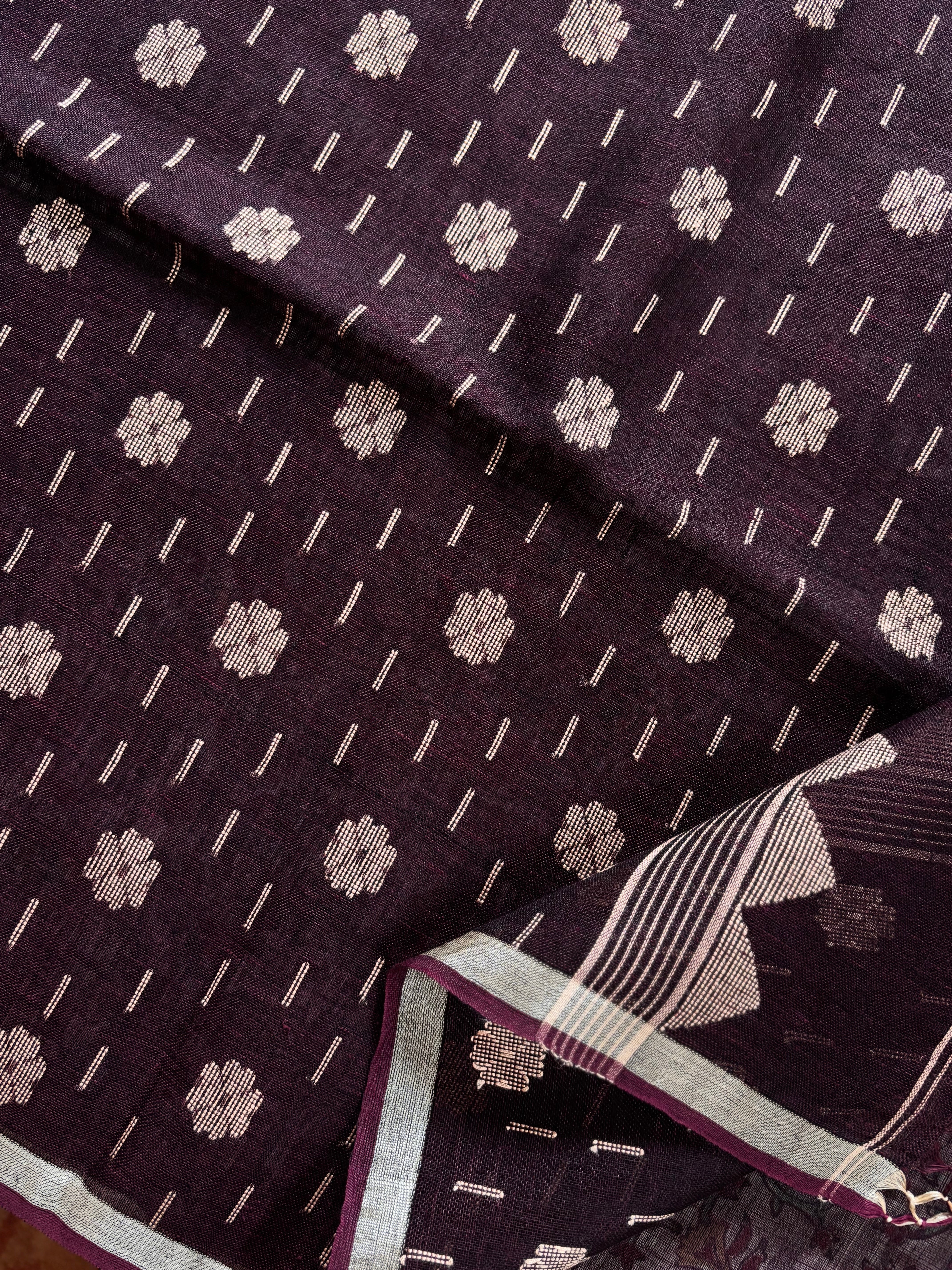Handwoven Dark Plum Colour Linen Jamdani Saree