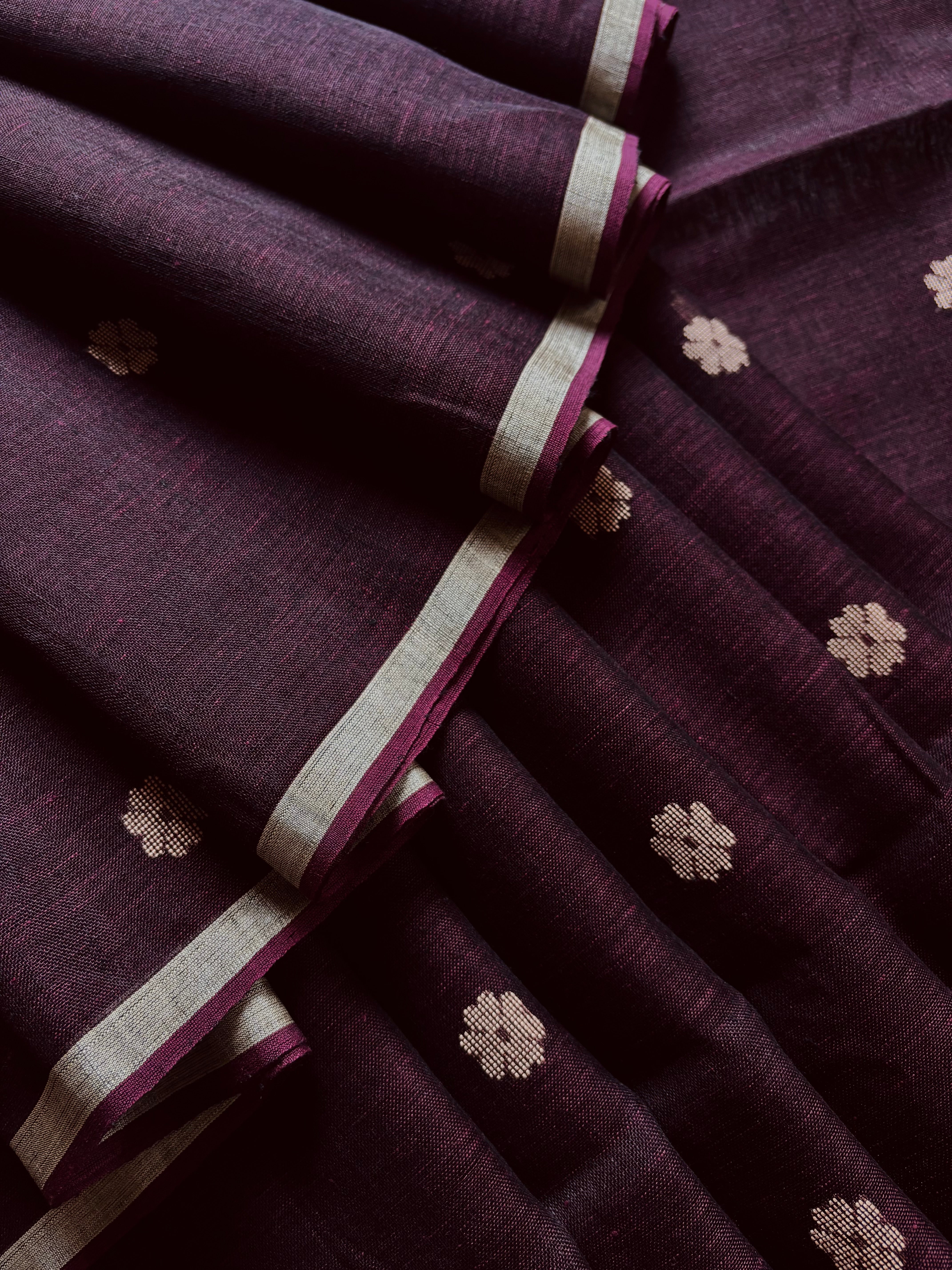 Handwoven Dark Plum Colour Linen Jamdani Saree