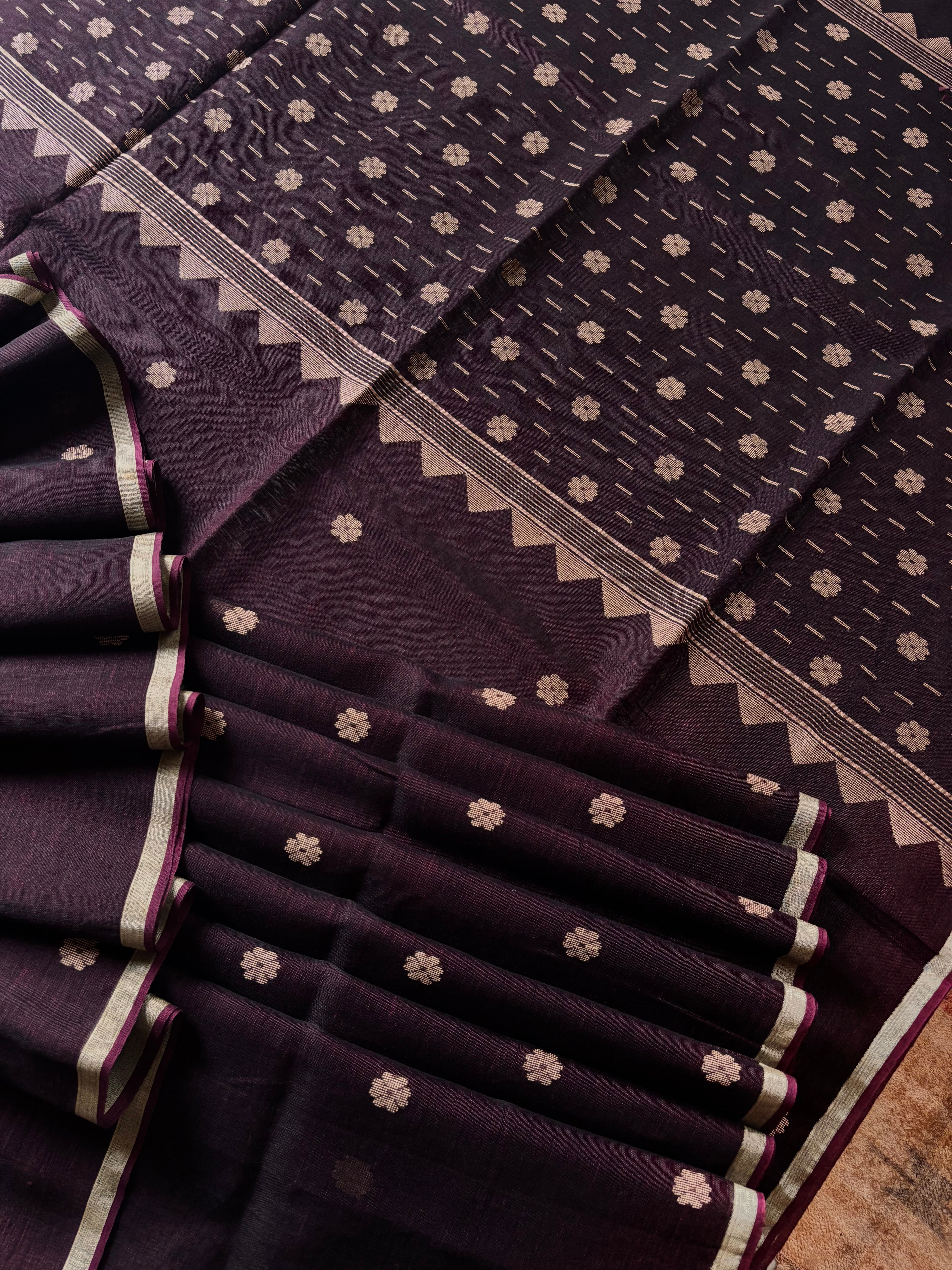 Handwoven Dark Plum Colour Linen Jamdani Saree