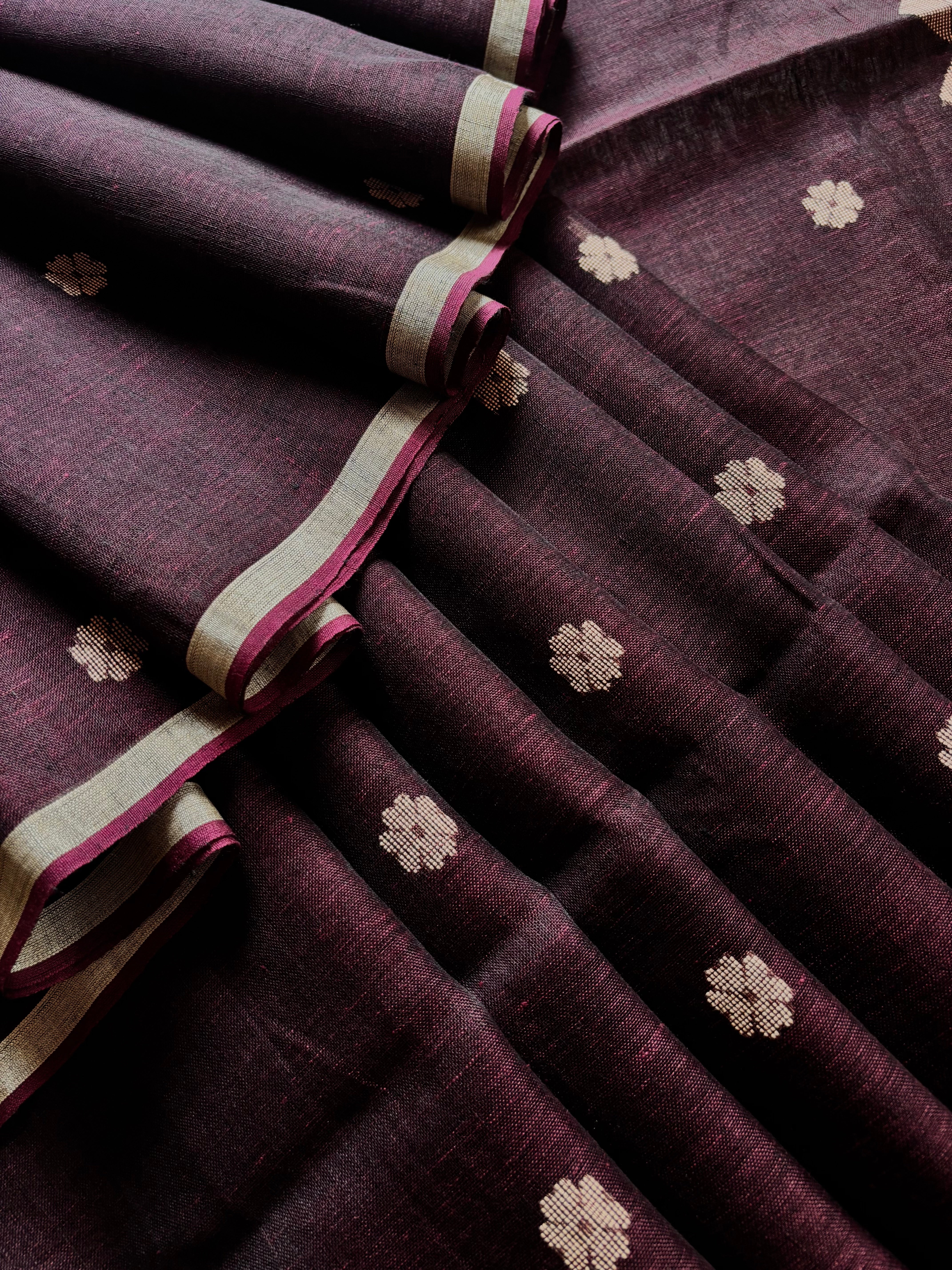 Handwoven Dark Plum Colour Linen Jamdani Saree