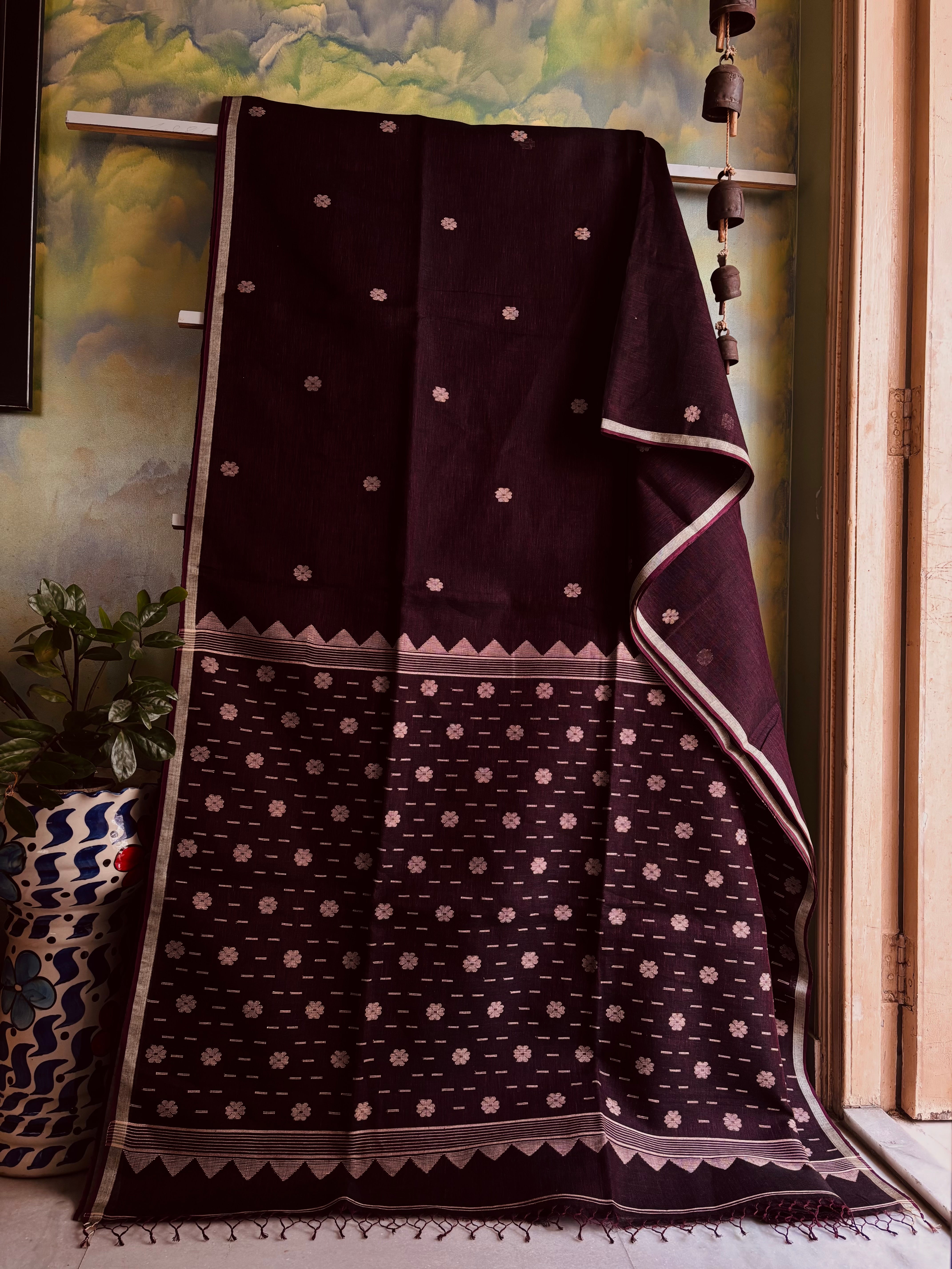 Handwoven Dark Plum Colour Linen Jamdani Saree