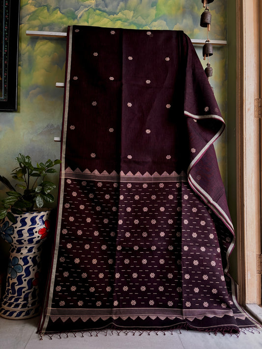 Handwoven Dark Plum Colour Linen Jamdani Saree