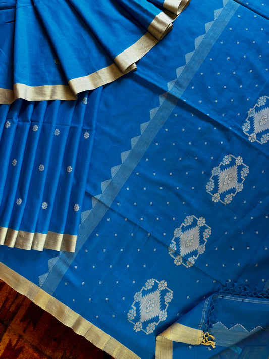 Handwoven Blue Colour Pure Cotton Jamdani Saree