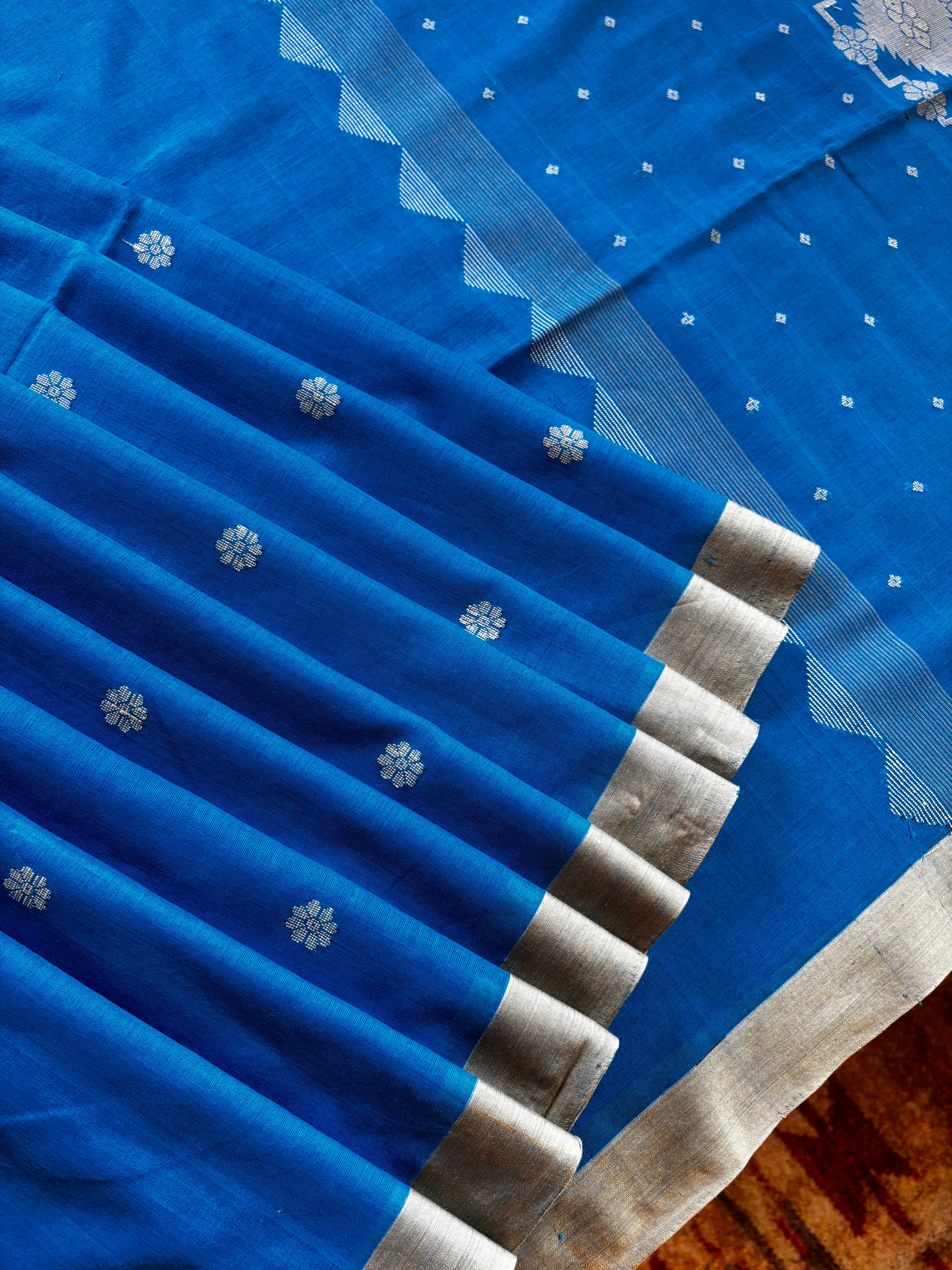 Handwoven Blue Colour Pure Cotton Jamdani Saree