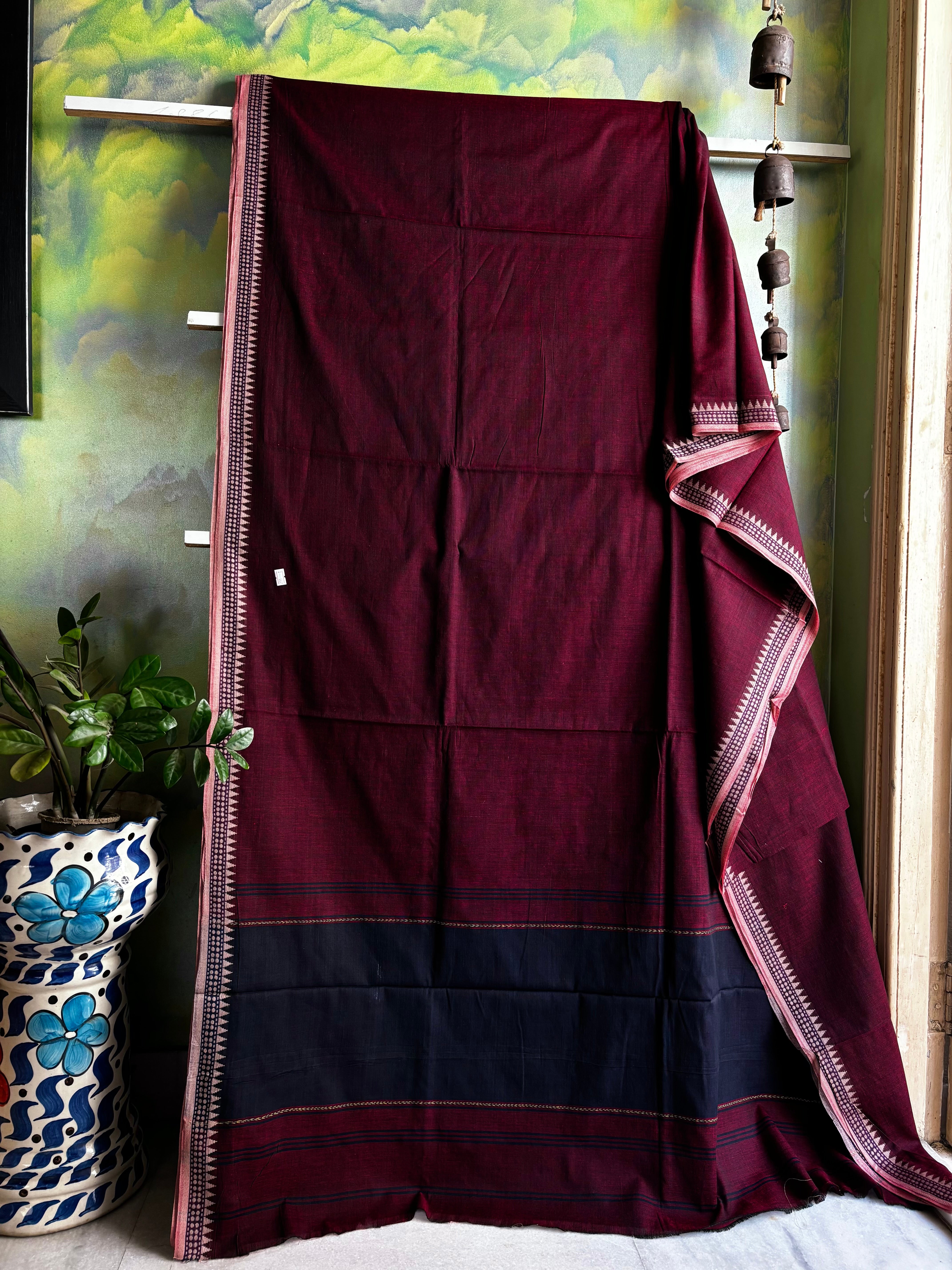 Handwoven Wine Colour Dhonekhali Cotton Saree